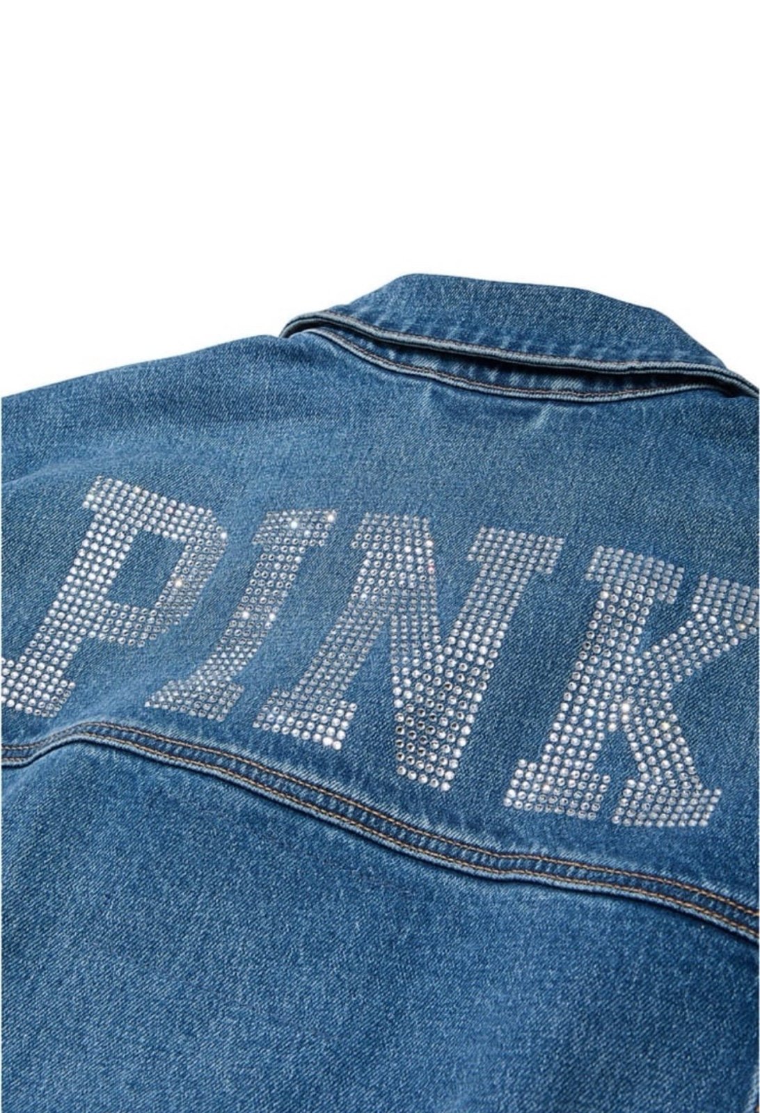 VS PINK DENIM TRUCKER JACKET IN LIMITED EDITION MEDIUM WASH BLING IN SIZE XLARGE