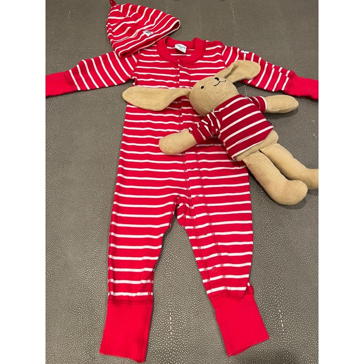 Polarn O. Pyret Red W/ White Stripes Pajama Set with Matching Stuffed Bunny Siz