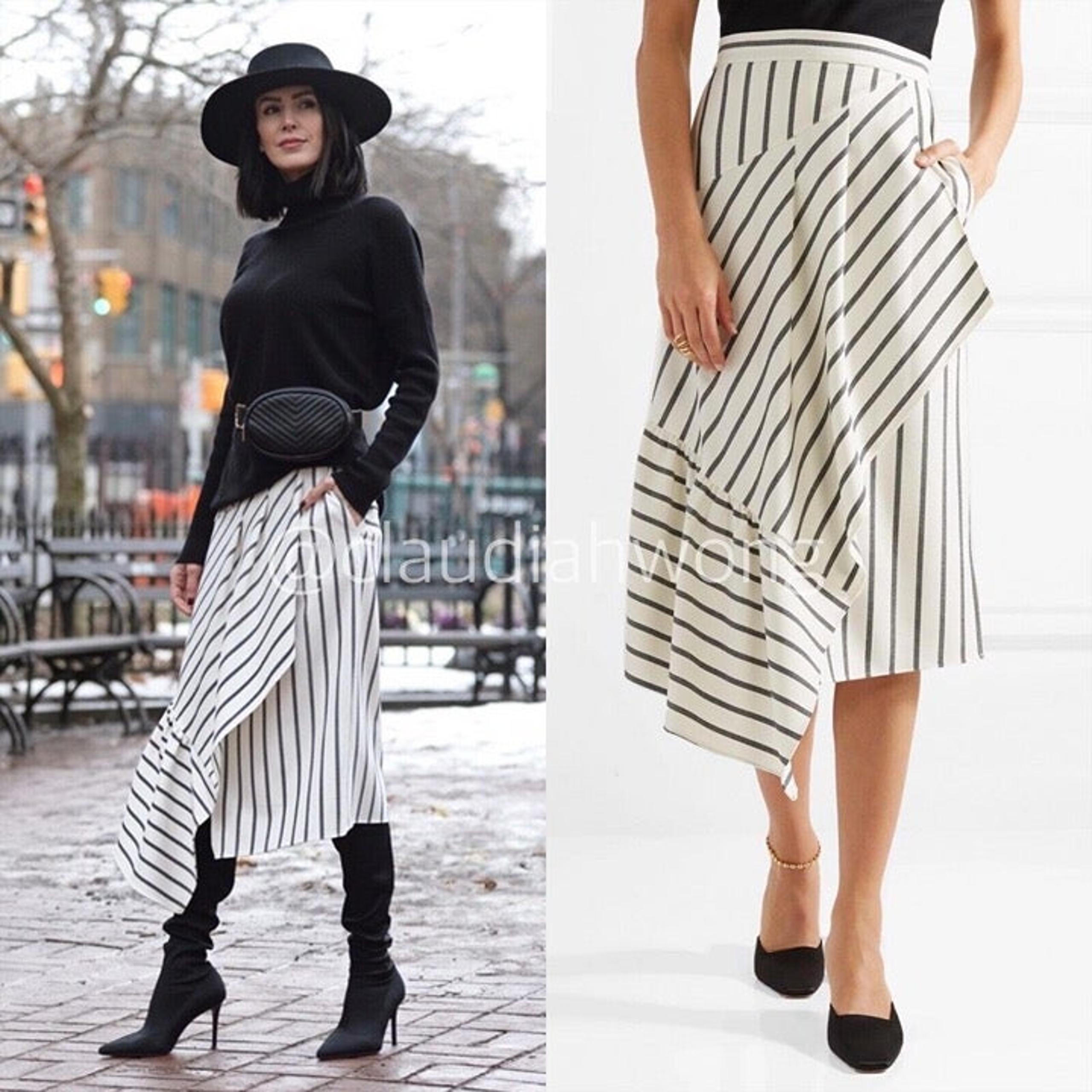 TIBI Lucci Stripe Asymmetrical Pleated Midi Skirt in White Black