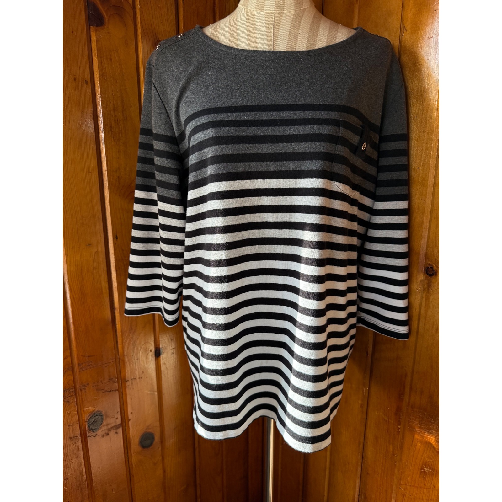 Karen Scott Sport Tunic Top Striped 3/4 Sleeve Shoulder Detail 3X