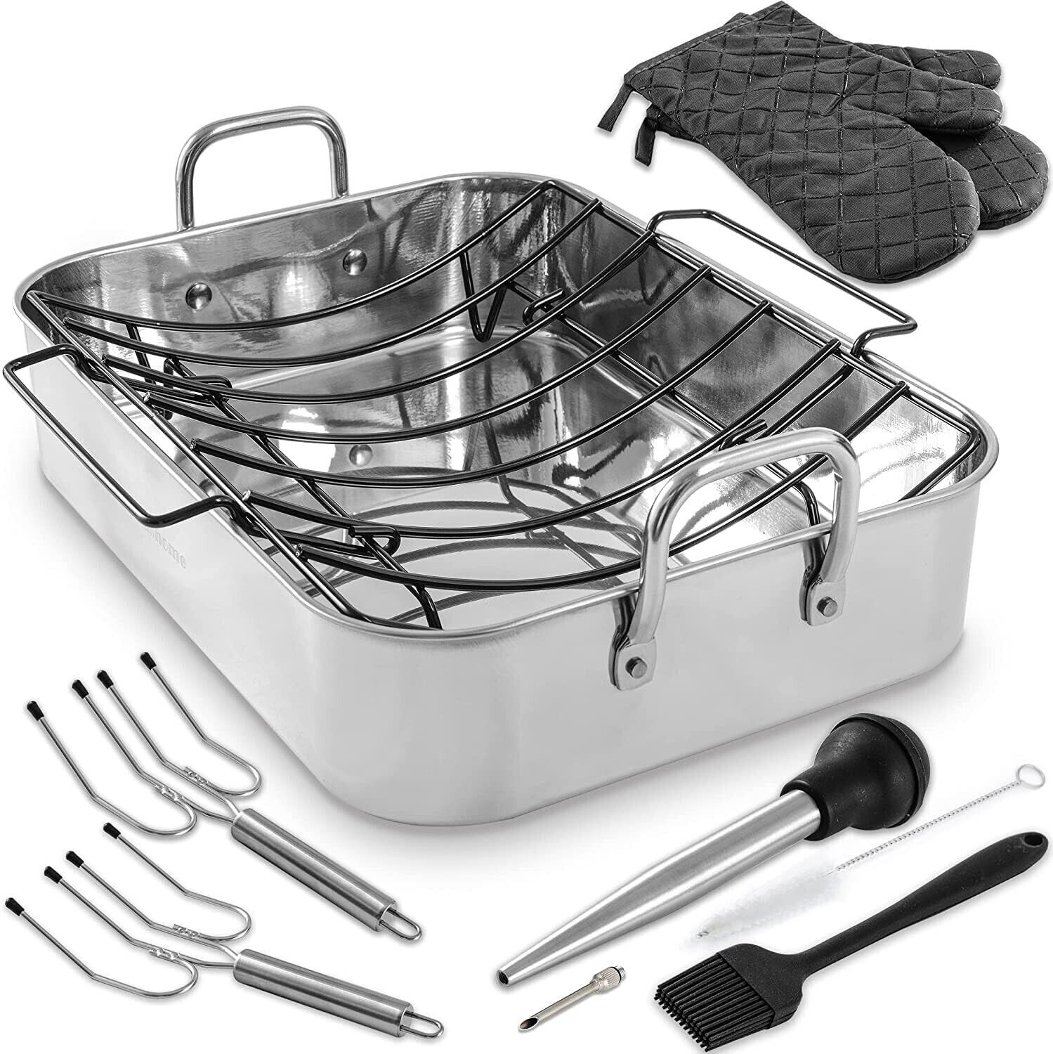 Roasting Pan Stainless Steel with Rack 16 Inch Rectangular Turkey Ham Roaster