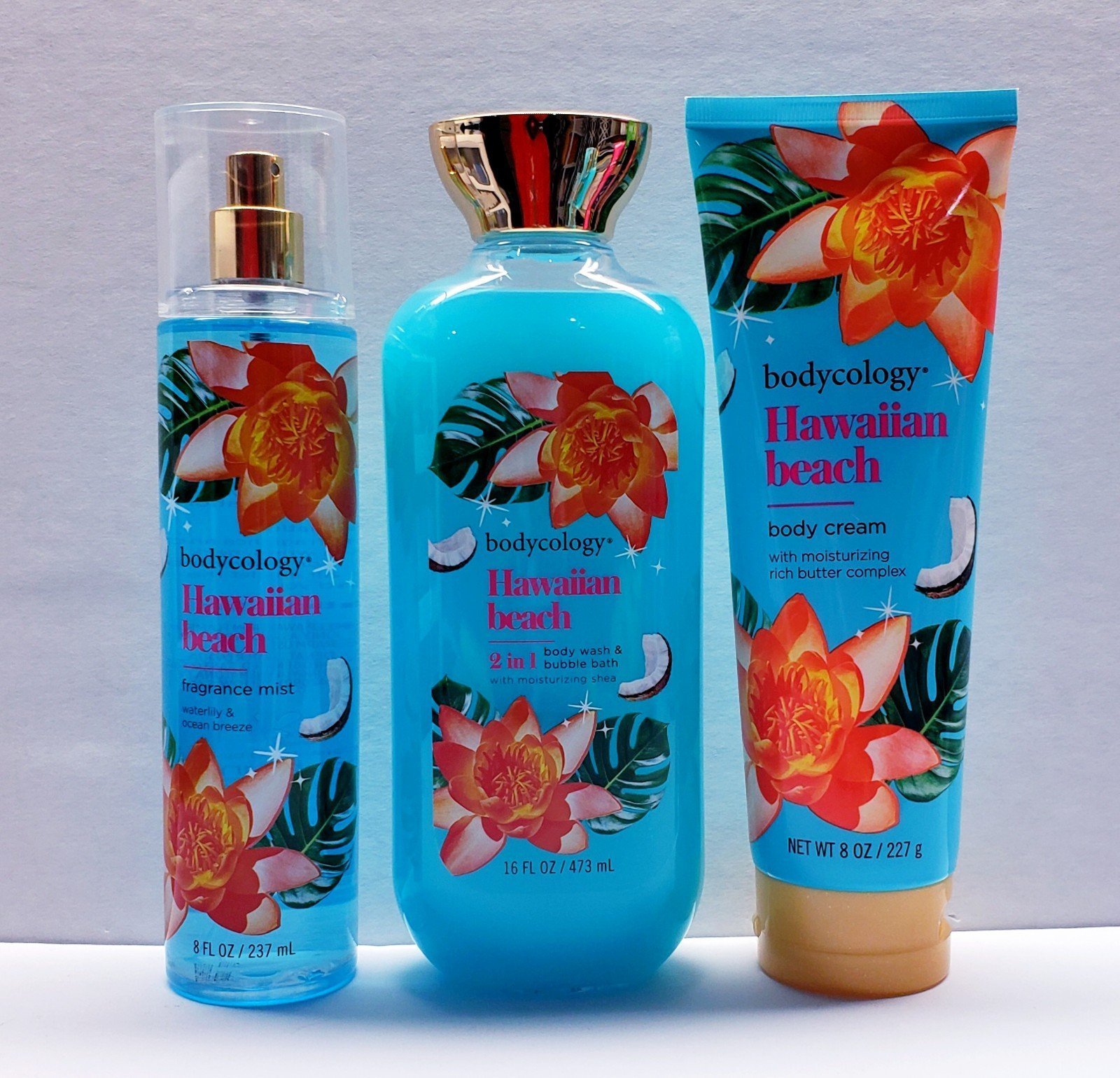 Bodycology HAWAIIAN BEACH Body Cream. Fragrance Mist, Body Wash & Bubble Bath