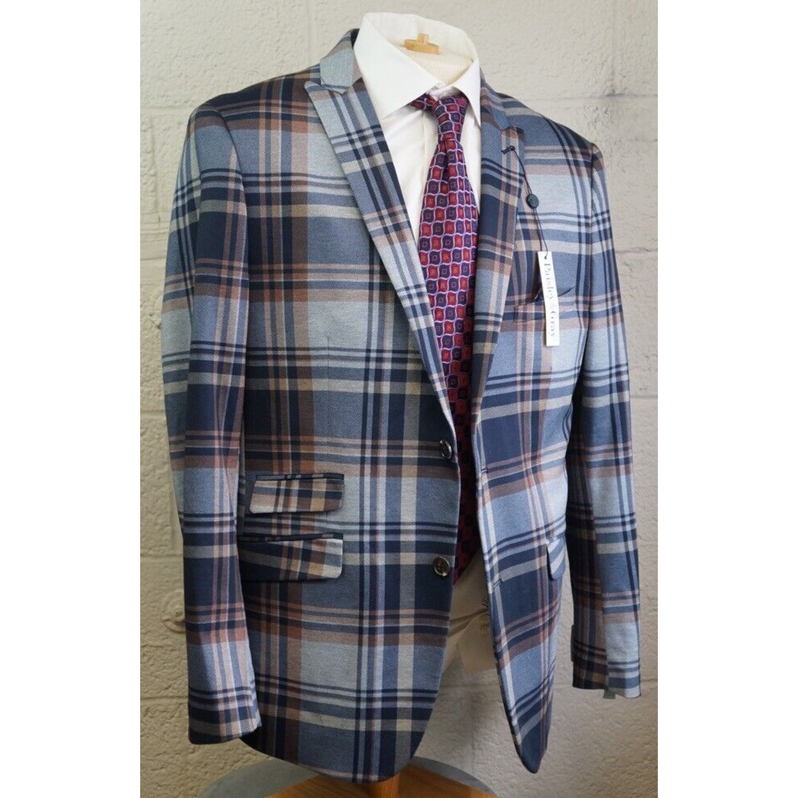 New! Paisley & Gray Mens Plaid Blazer Jacket Blue Button Front 44L Slim Fit