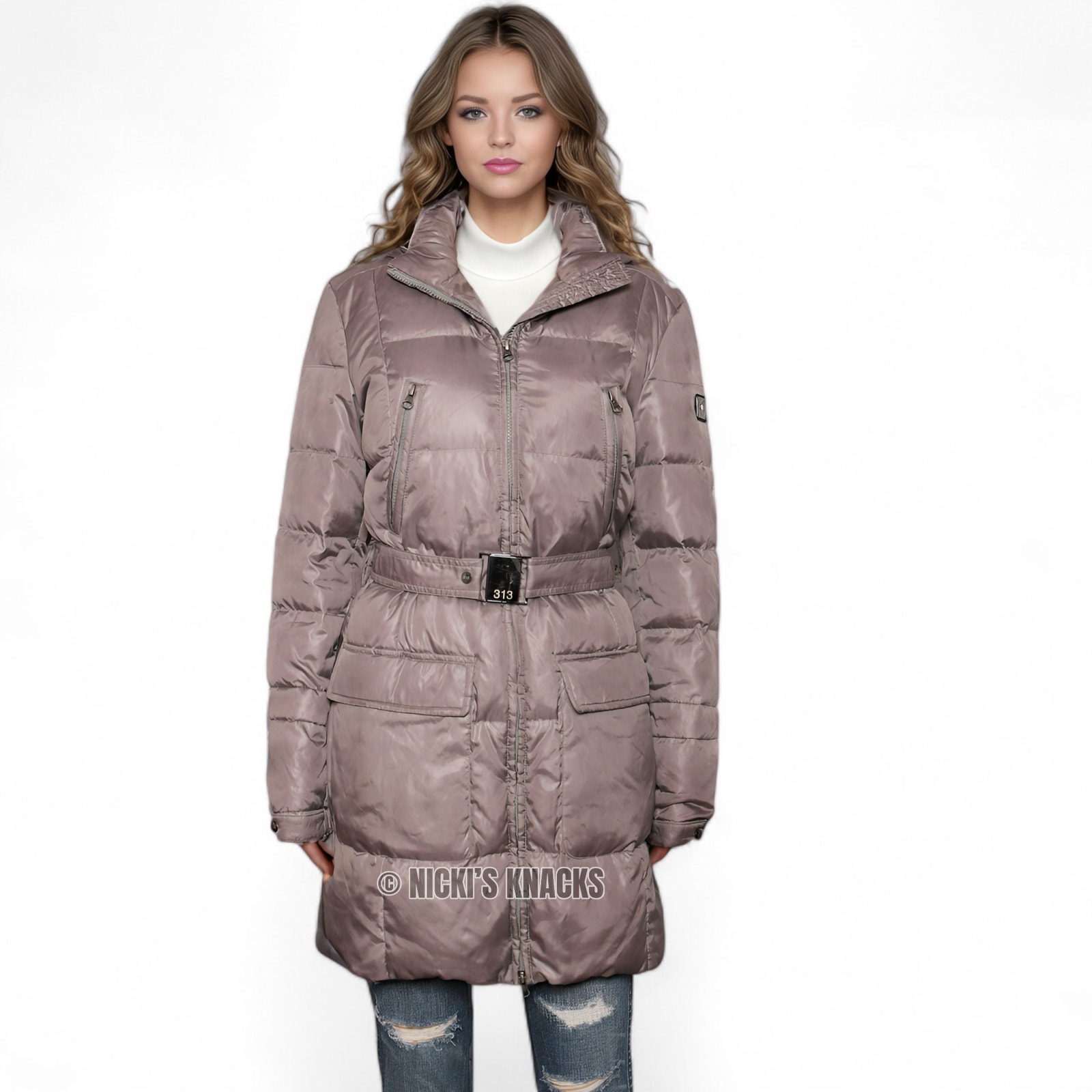 313 Tre Uno Tre Women s Long Puffer Coat Duck Down Belted Fur Hood Gray Size L Puffer