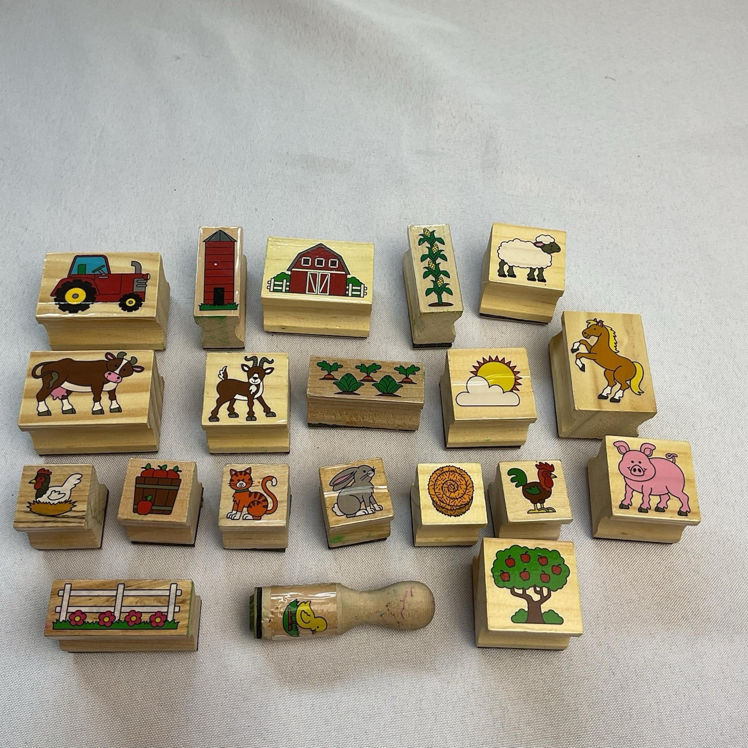 Lot of 20 Melissa & Doug Farm Theme Rubber Mounted Wooden Stamps Animals Crops