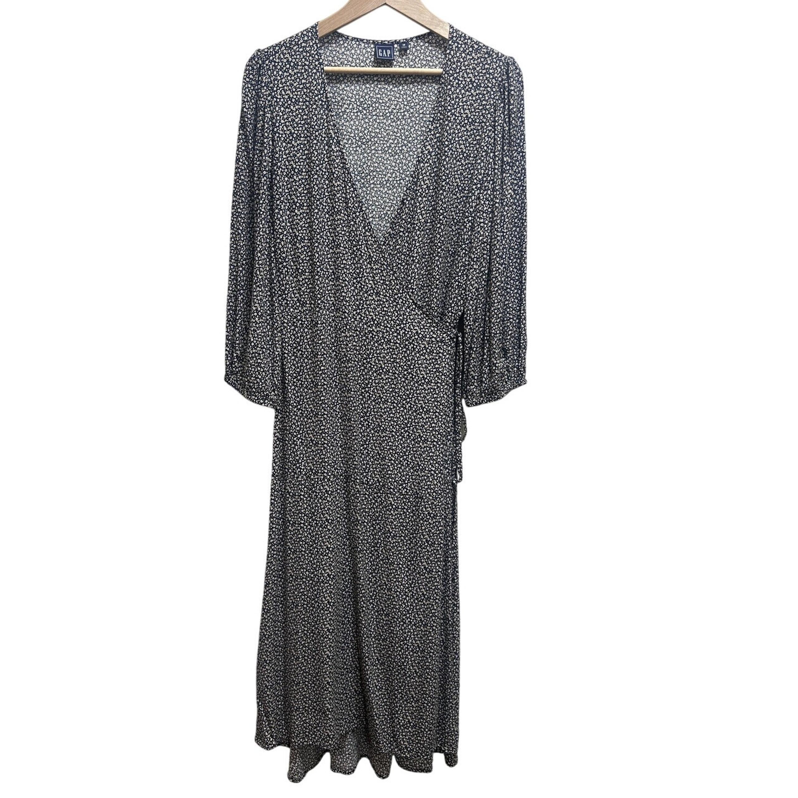 Gap Maxi Wrap Dress Size 18 Ditsy Floral Black White Long Sleeve Cottage Boho