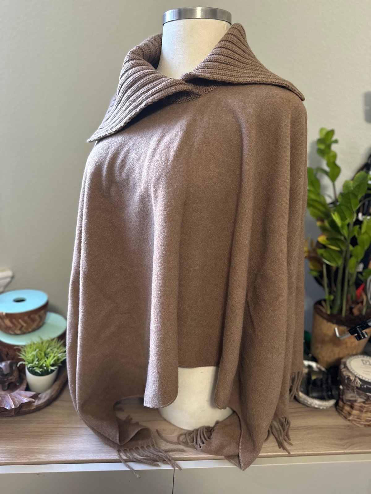 Fabiana Filippi Brown Knitted Cowl Neck Merino Wool Blend Cape Poncho - One Size
