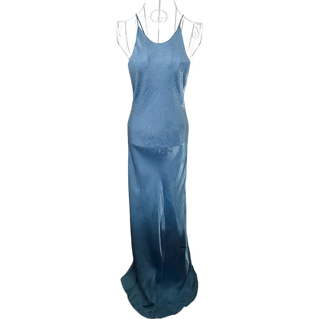 Vintage Y2K Prom Dress Maxi Gown 12 Icy Blue Fairy Beaded Iridescent High Neck