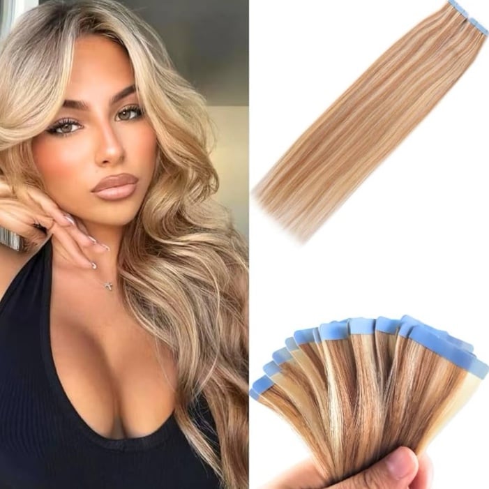 tape ins 16 inch highlighted human hair extensions