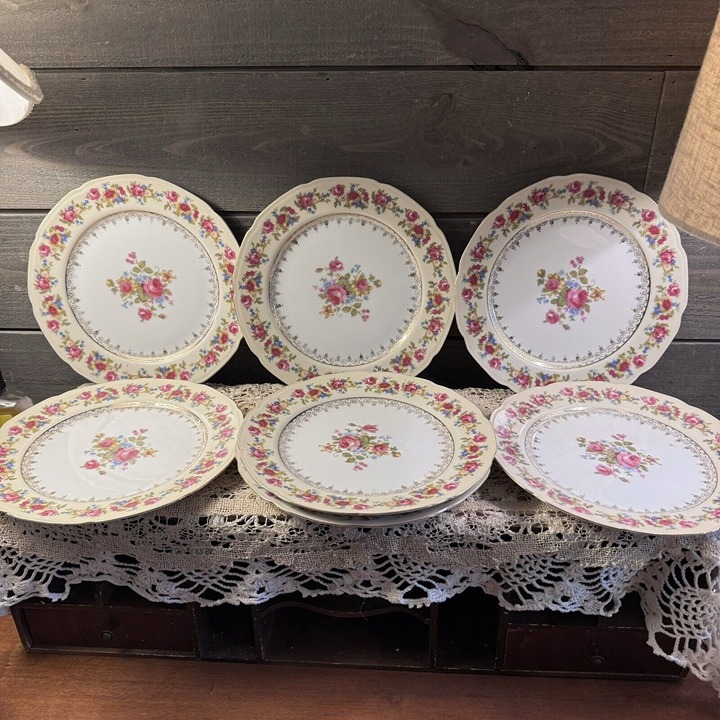 Vintage Gold Castle Hostess 8.75” Dinner Plates Set Of 7