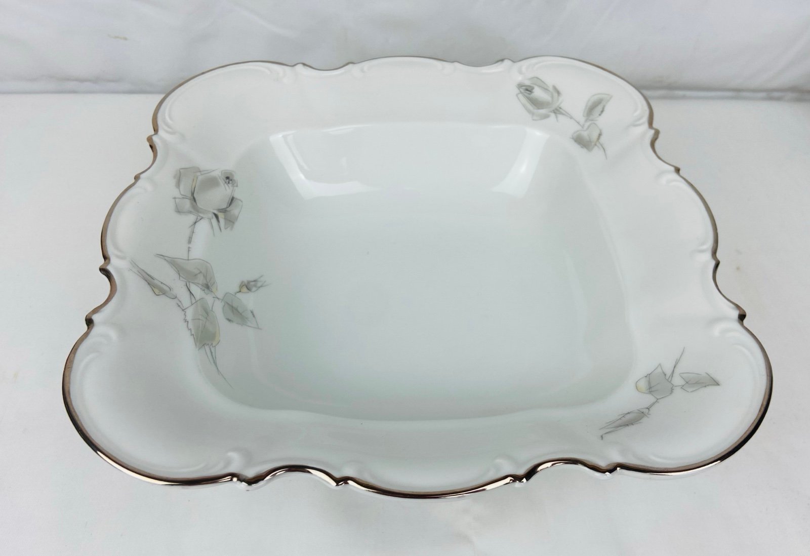 Vintage Hutschenreuther Gray Rose 9 Square Bowl Germany Porcelain Platinum Trim