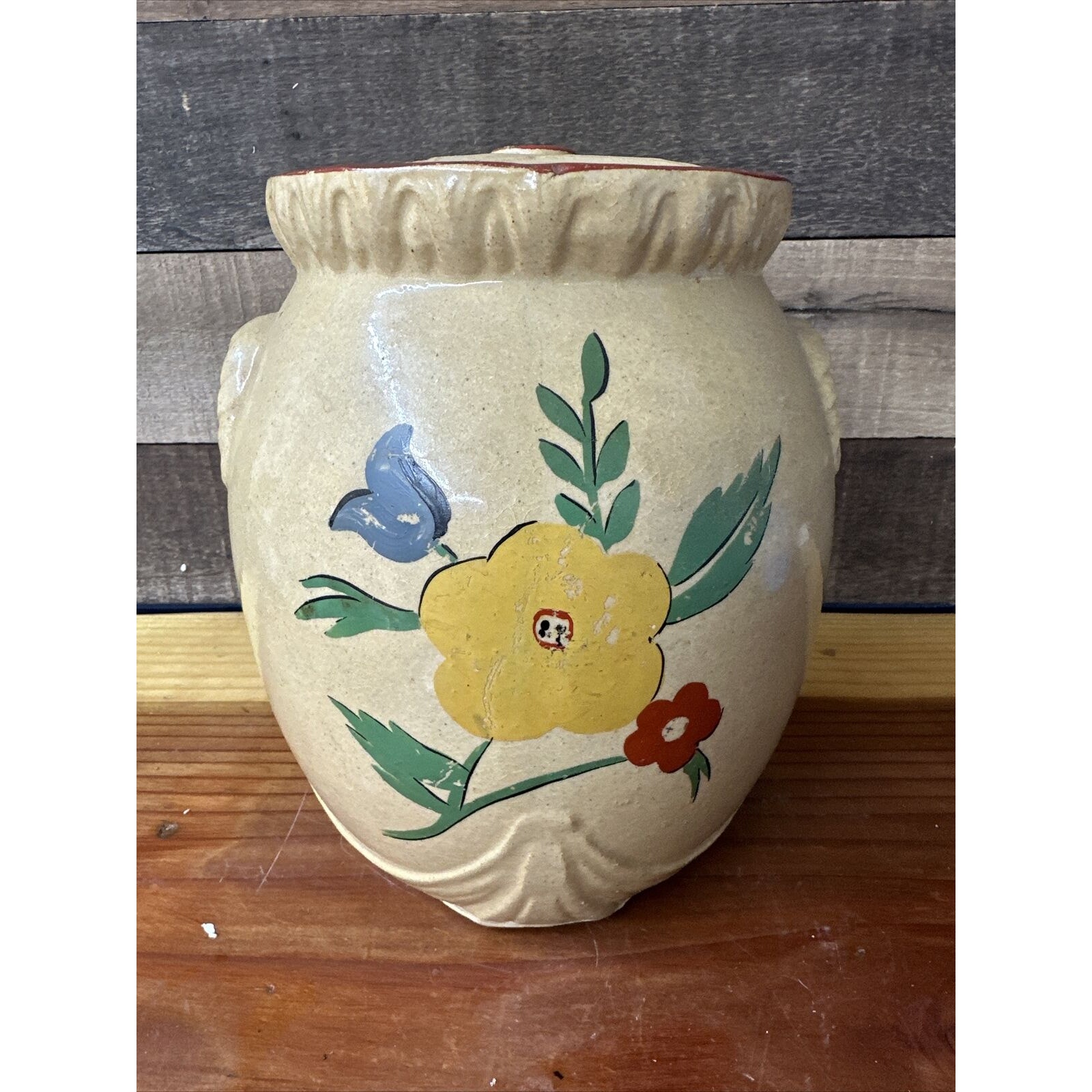 Vintage Floral Yellow Red Blue Crock Cookie Jar -lid Has Flaws