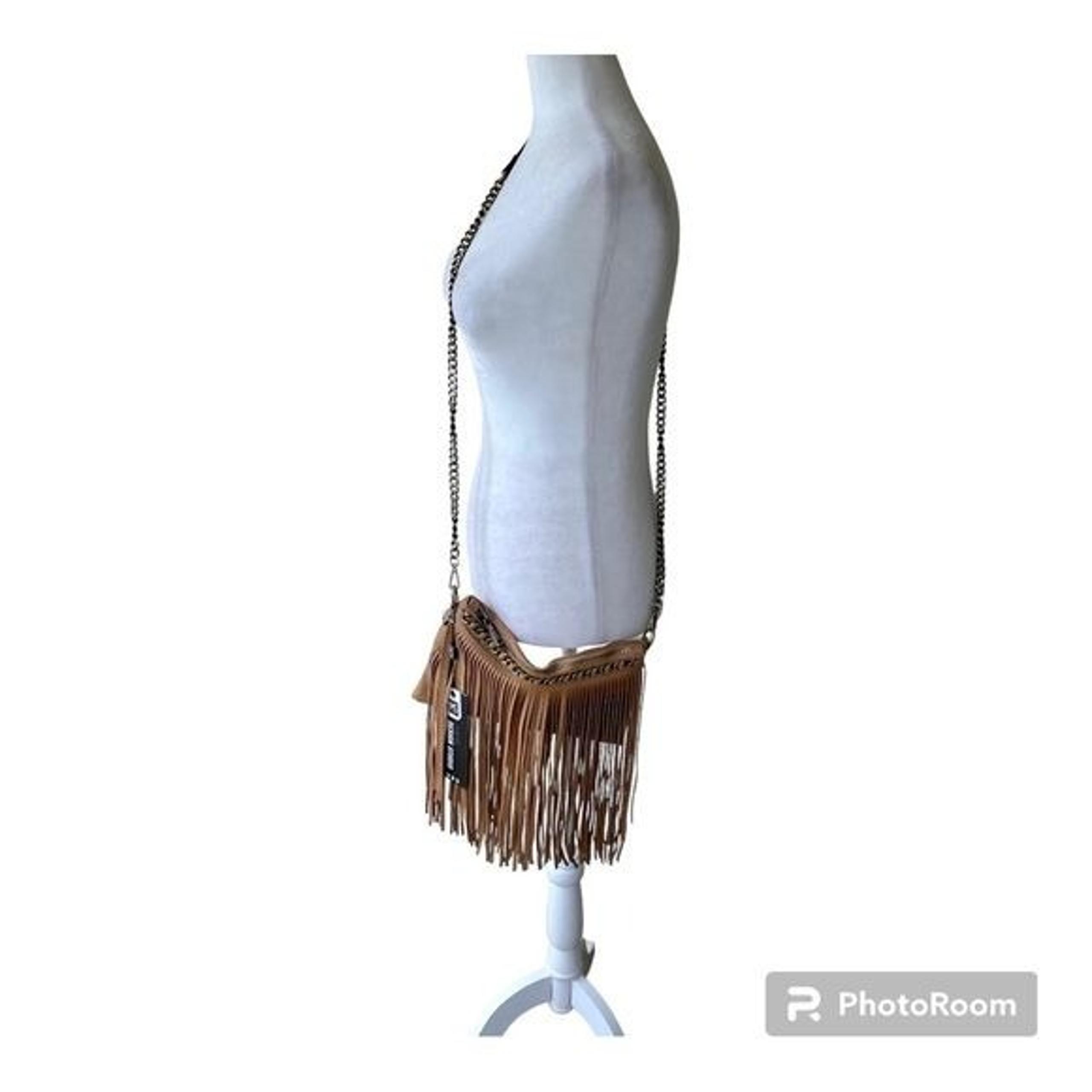NWT Brown Tan Beige Fringe Crossbody Purse Bag Chain Strap Festival Vibes BOHO