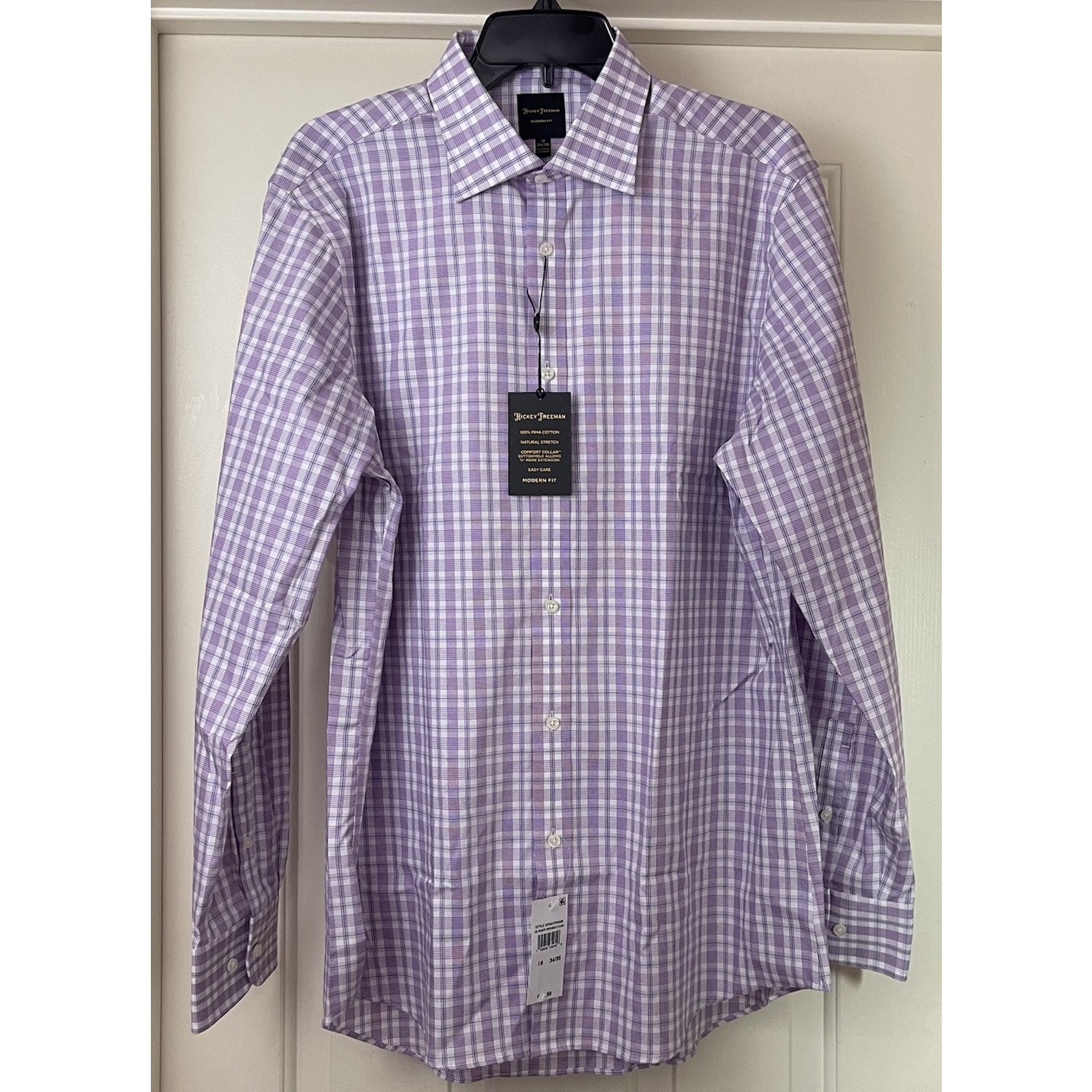 Hickey Freeman Mens Dress Shirt 16 34/35 Purple Plaid Modern Fit Stretch Pima
