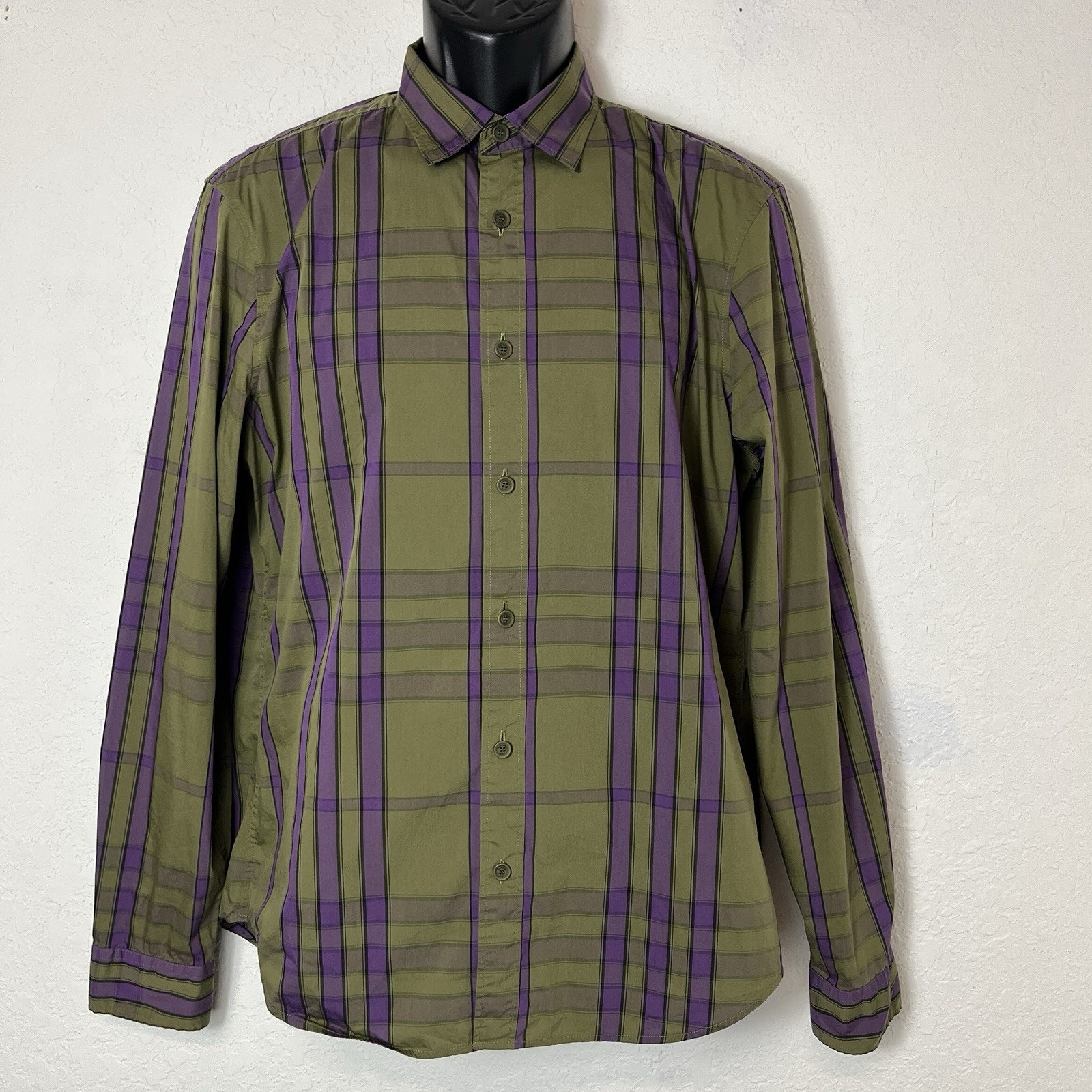 Burberry Brit Plaid print long sleeve Mens dress Shirt Size L, spread collar