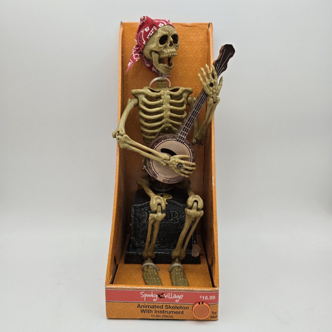Spooky Village Animated Skeleton With Instrument Banjo Tested Works