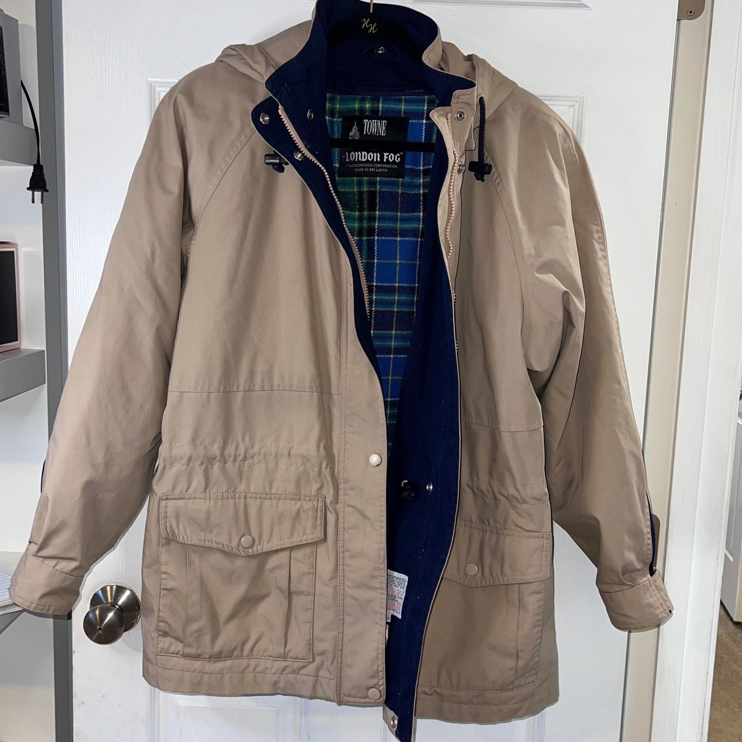 London Fog Towne Mens Chore Rain Coat Jacket Hooded Plaid Lined Beige Size L