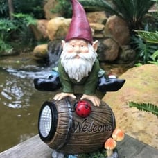 Bo-Toys Solar Powered Gnome Jumping Over a Barrel with Ladybug LED Garden Light