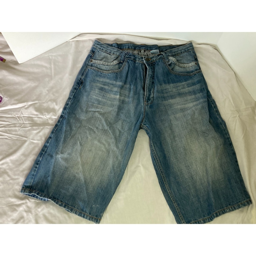 Miskeen Originals SIZE 38W Blue Denim Shorts Embroidered Pockets Urbanwear