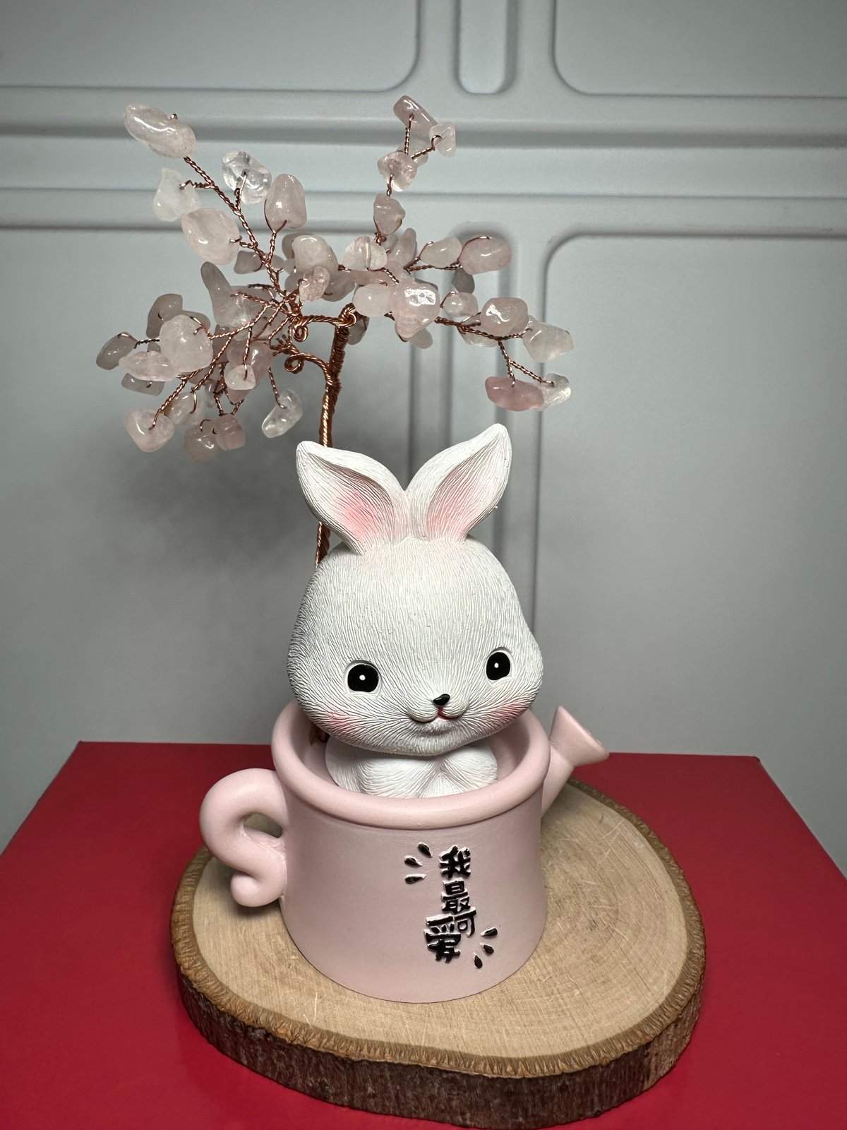 Large Cute Bobble Head Bunny Rabbit Pink Can Rose Quartz Crystal Chip Tree #3