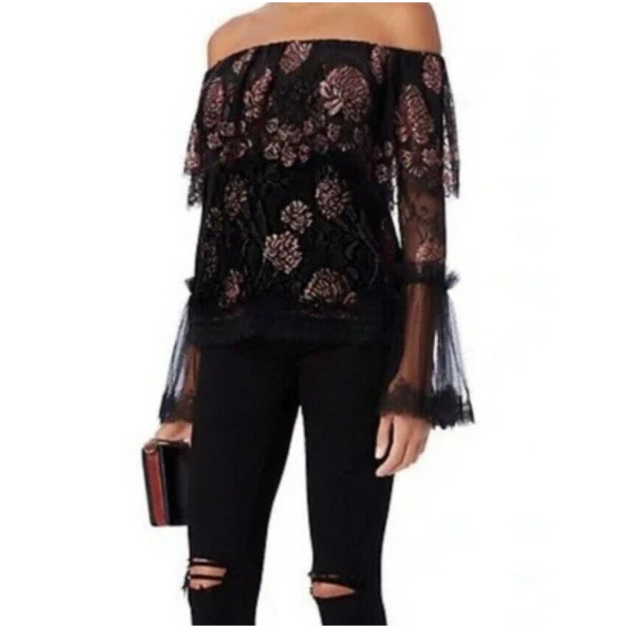 Alexis Laurena Off Shoulder Blouse Women's XS Black Pink Long Sleeve Bell Sleeve