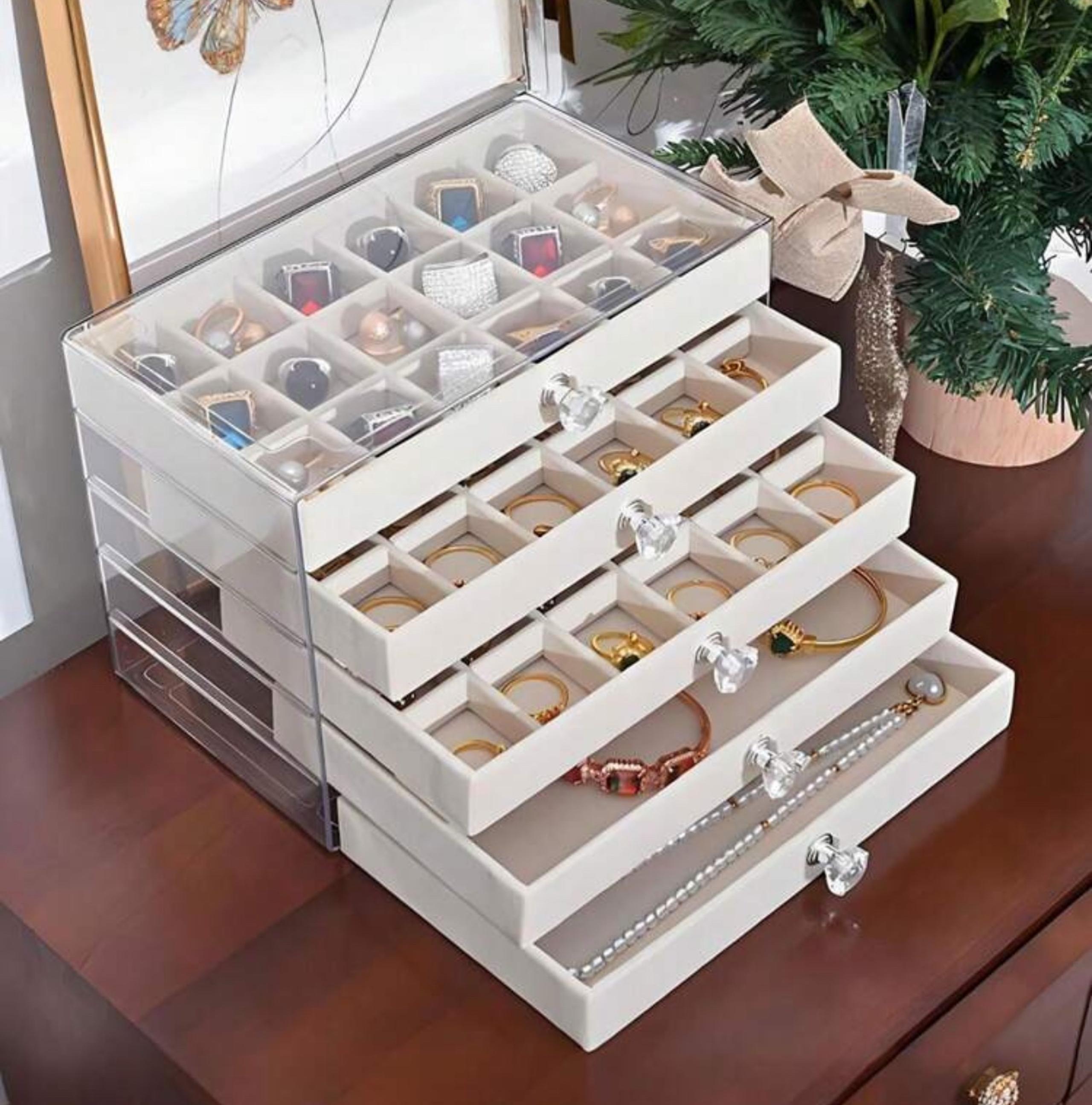5 Tier Beige Velvet Jewelry Box Display