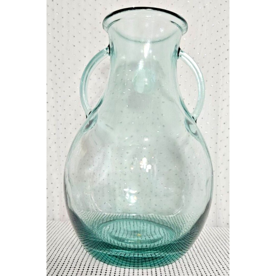 Large Handmade Spain Sea Green Recycled Glass Double Handle Pitcher Vase, 15 