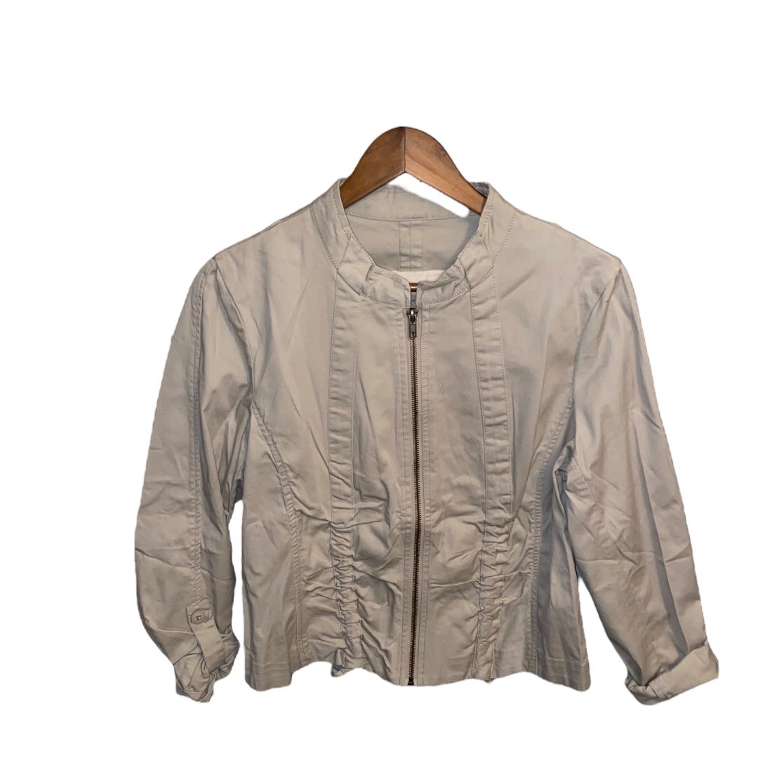 Elliott Lauren Tan Cream Utility Jacket Roll Tab Sleeve Collarless Zip Size 6