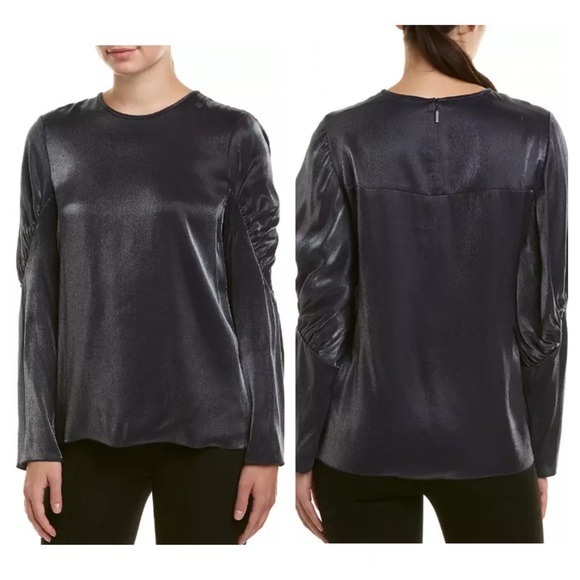Tibi Florence Shirred Sleeve Long Sleeve Top Metallic Silver Womens 8 NWT 550