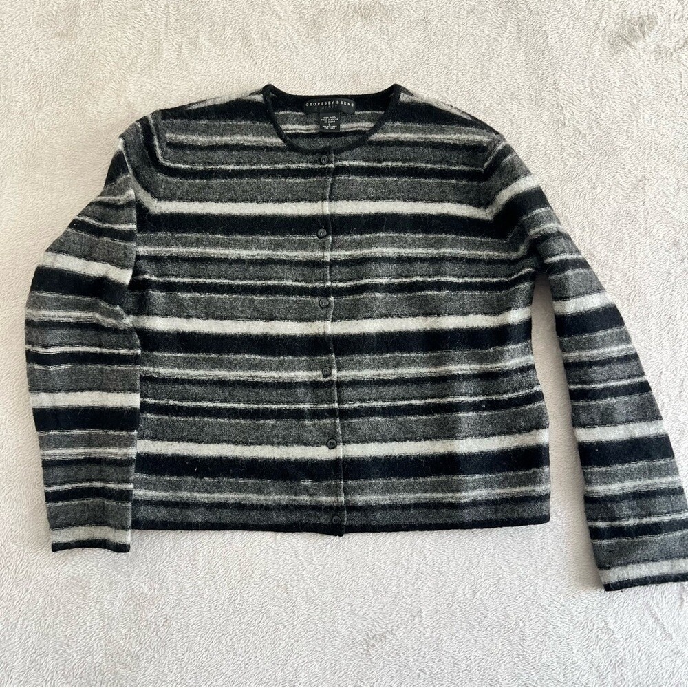 Geoffrey Beene Sport Wool Cardigan Sweater Women Large Button Front Striped Vtg
