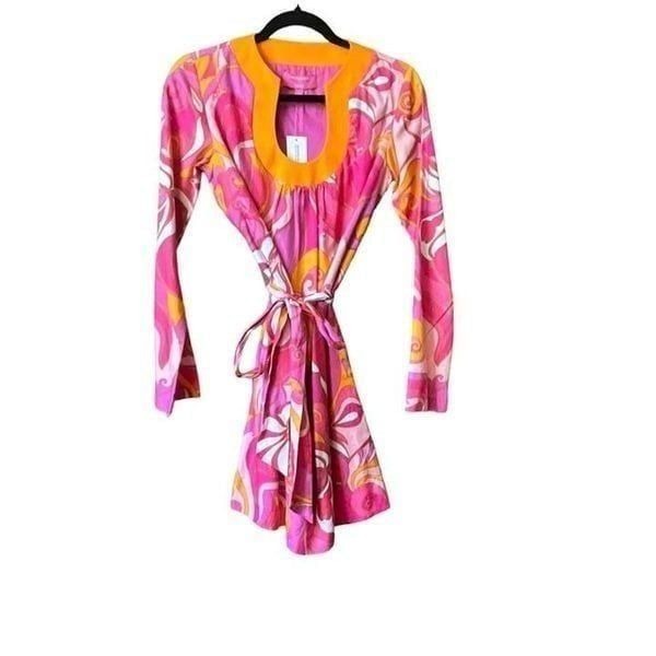 Trina Turk Womens Pink Printed Long Sleeve Belted Tunic Dress Size 2