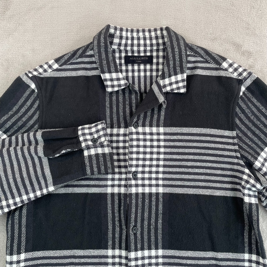 ALLSAINTS Modello Flannel Shirt Men Large Black Plaid Loop Collar LS NWOT 150