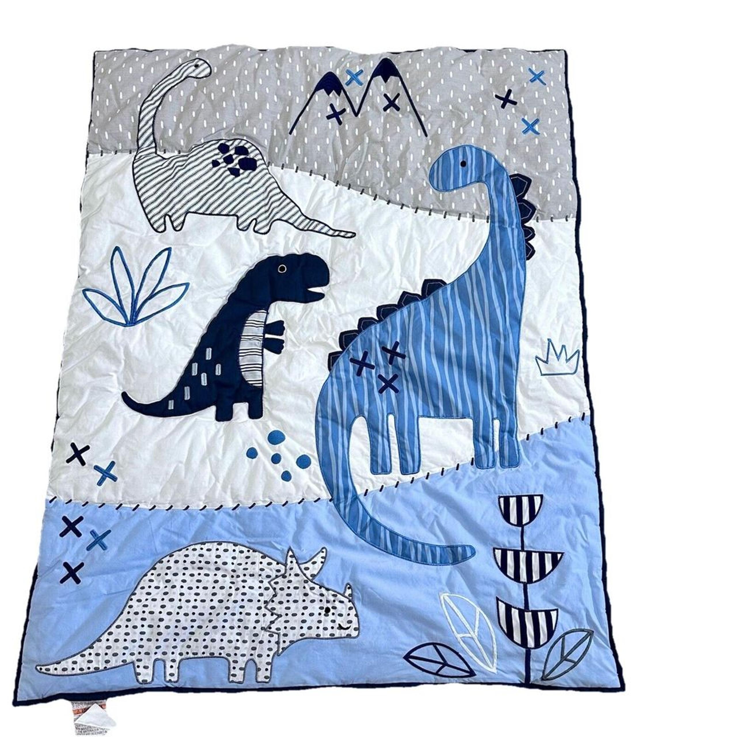 Lambs and Ivy Machine Applique Blue Dinosaur Baby Quilt 34x44 in Nursery Crib