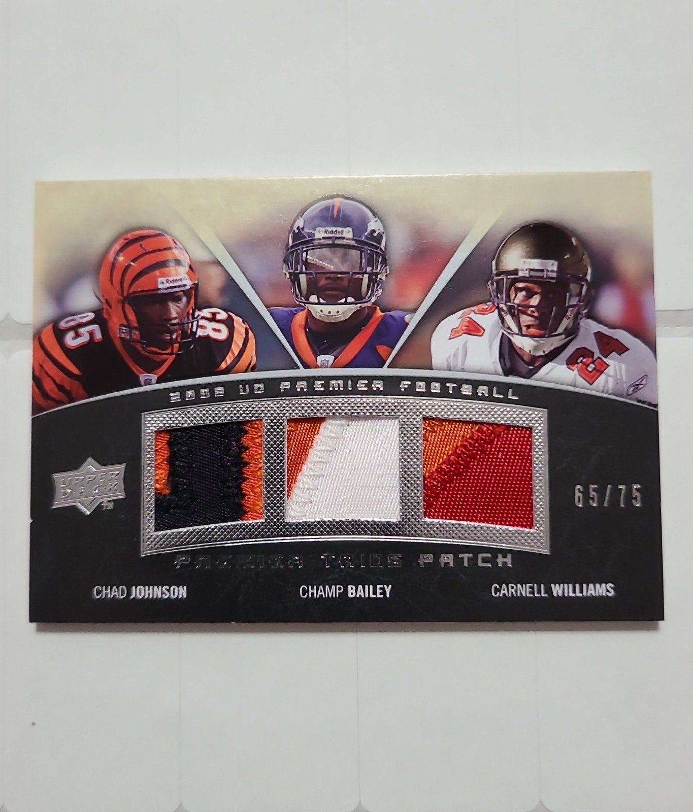 NFL Ochocinco Champ Bailey Cadillac Williams Premier Trio #65/75 GameWorn Patch