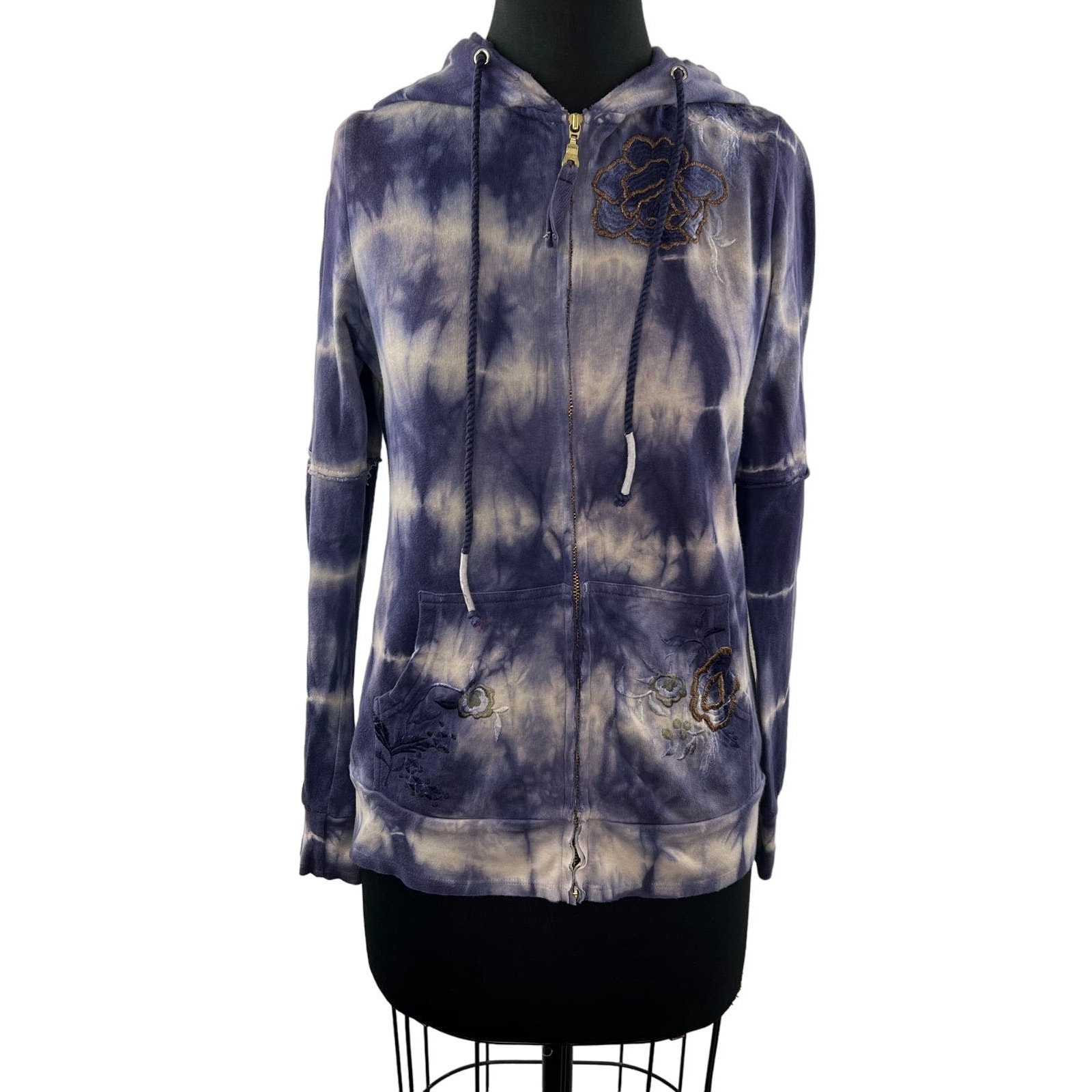Vintage FREE PEOPLE Purple White TieDye Zip Front Embroidered Hoodie Jacket Sz M