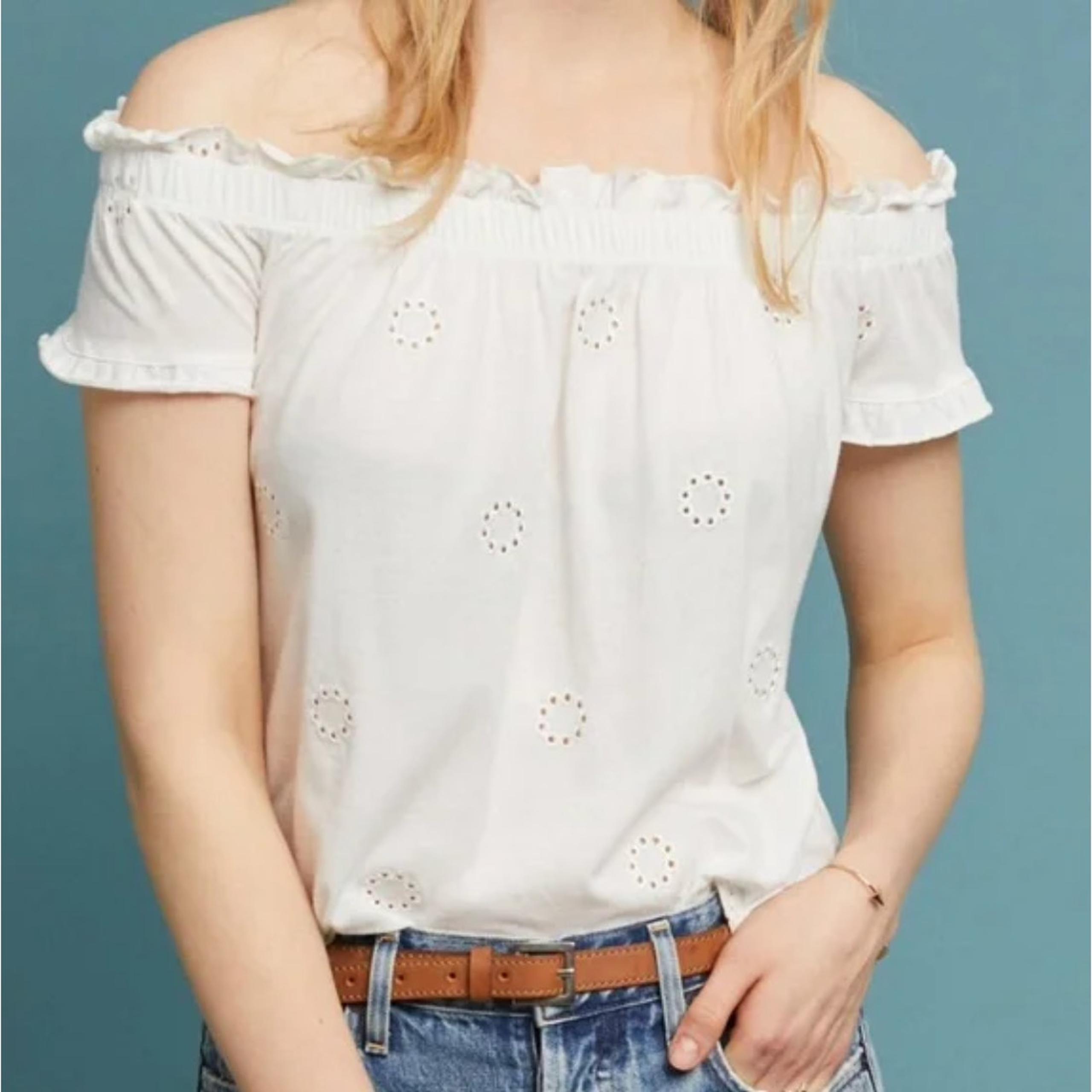 THREE DOTS Anthropologie Off Shoulder White Embroidered Blouse Women's Size Med