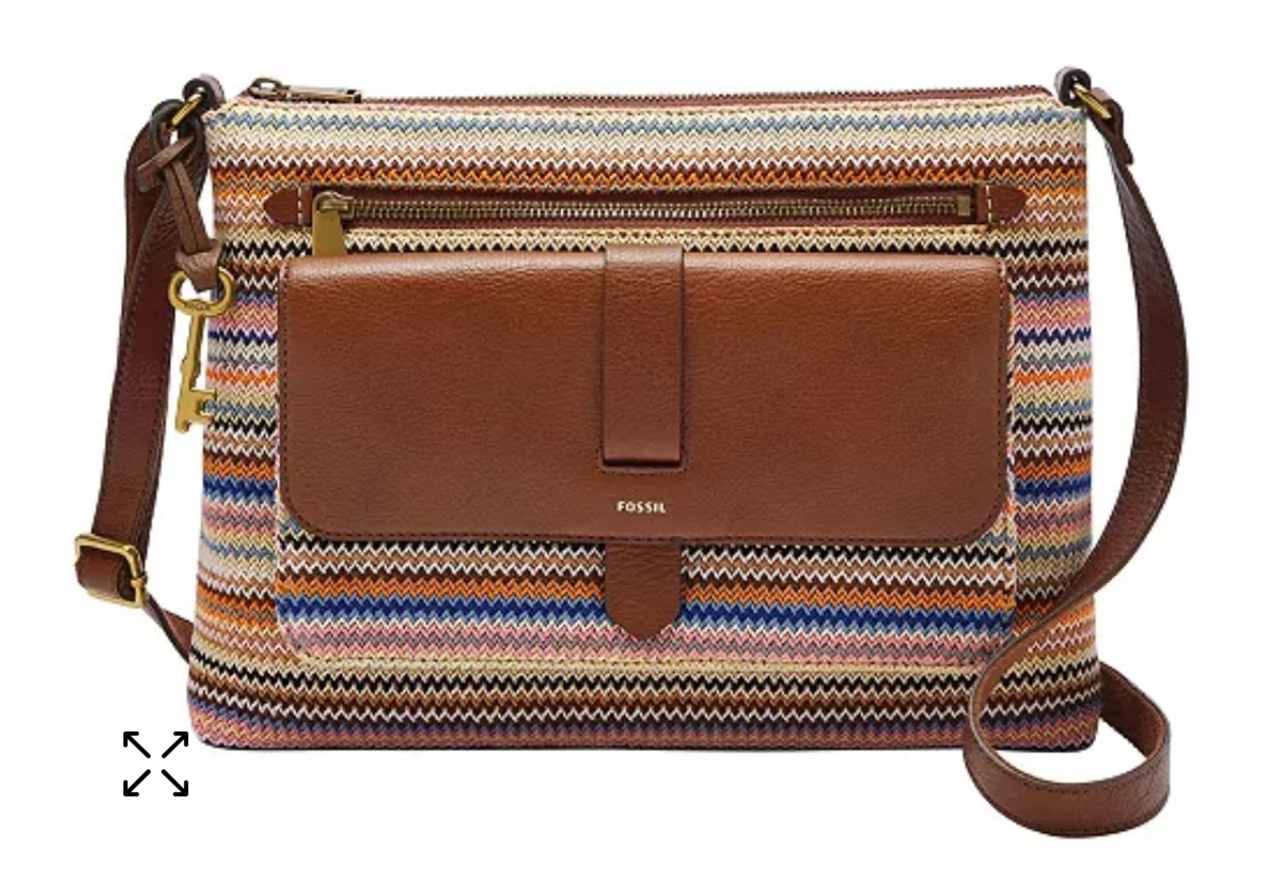 Fossil Brown and Orange Crossbody Bag with Leather Accents with key