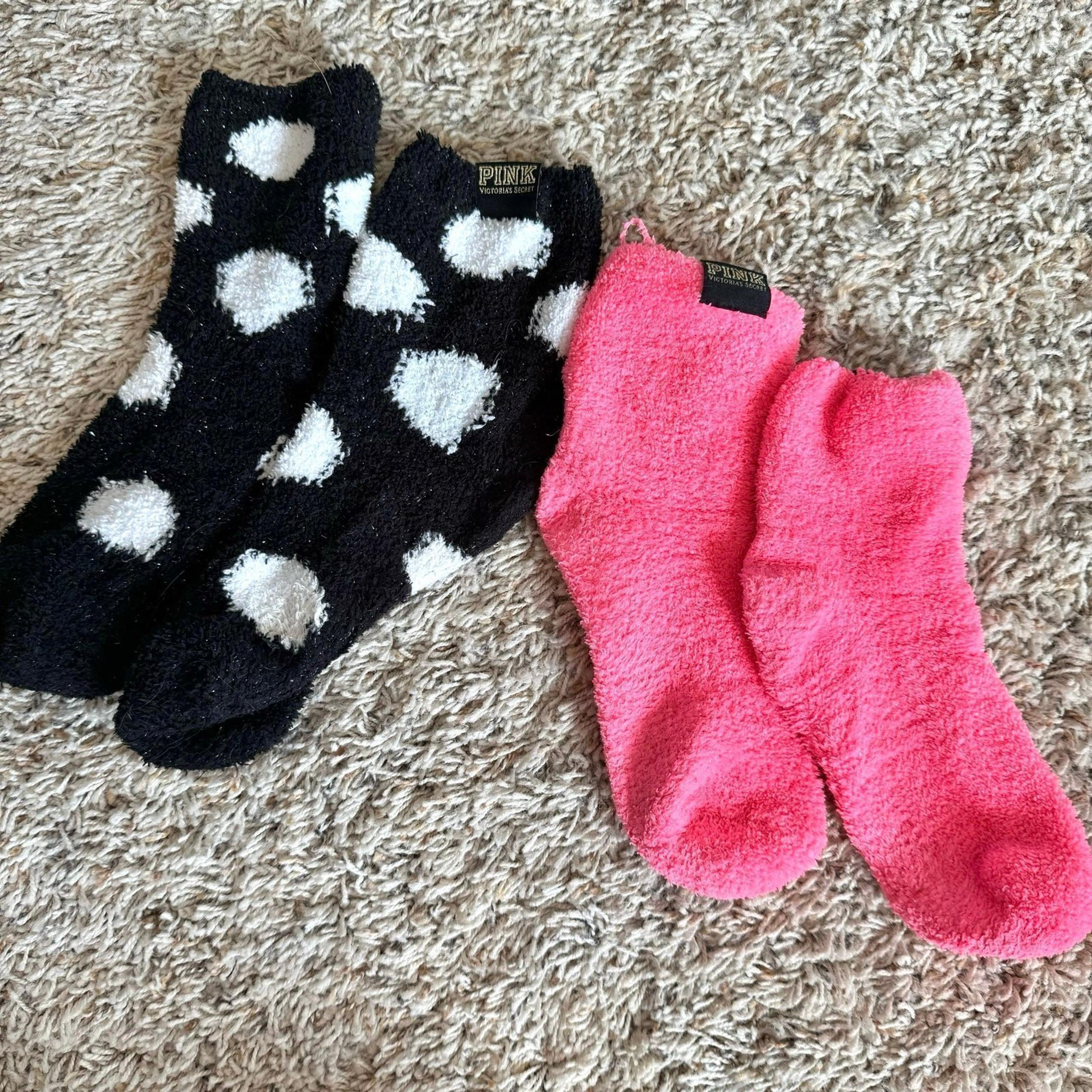 PINK Victoria’s Secret - 2 Pair Fuzzy Socks (Pink & Black/White Polka Dot)