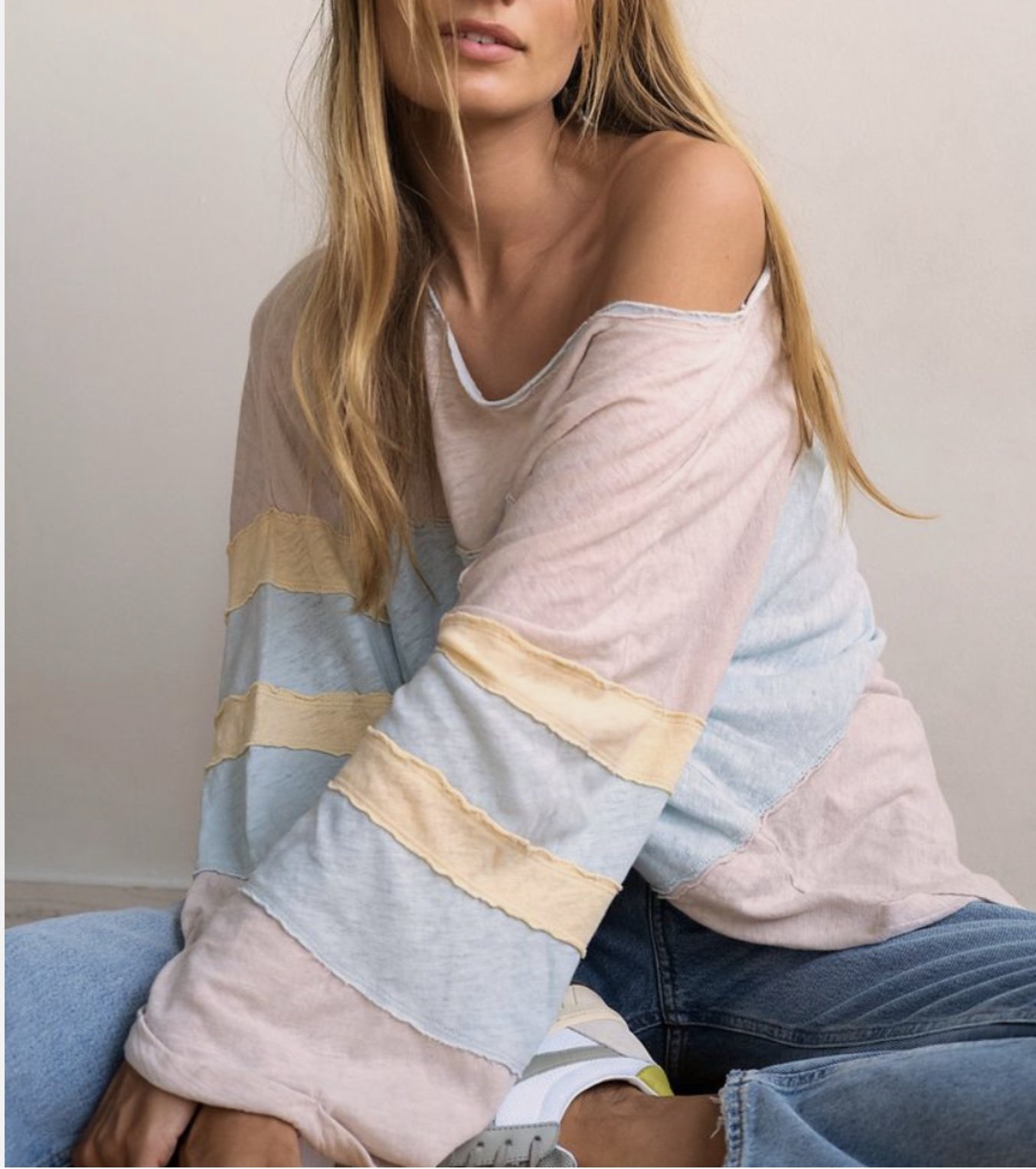 Free People We The Free Pink Yellow Blue Color-Blocked Oversized Bobbi Tee Sz S