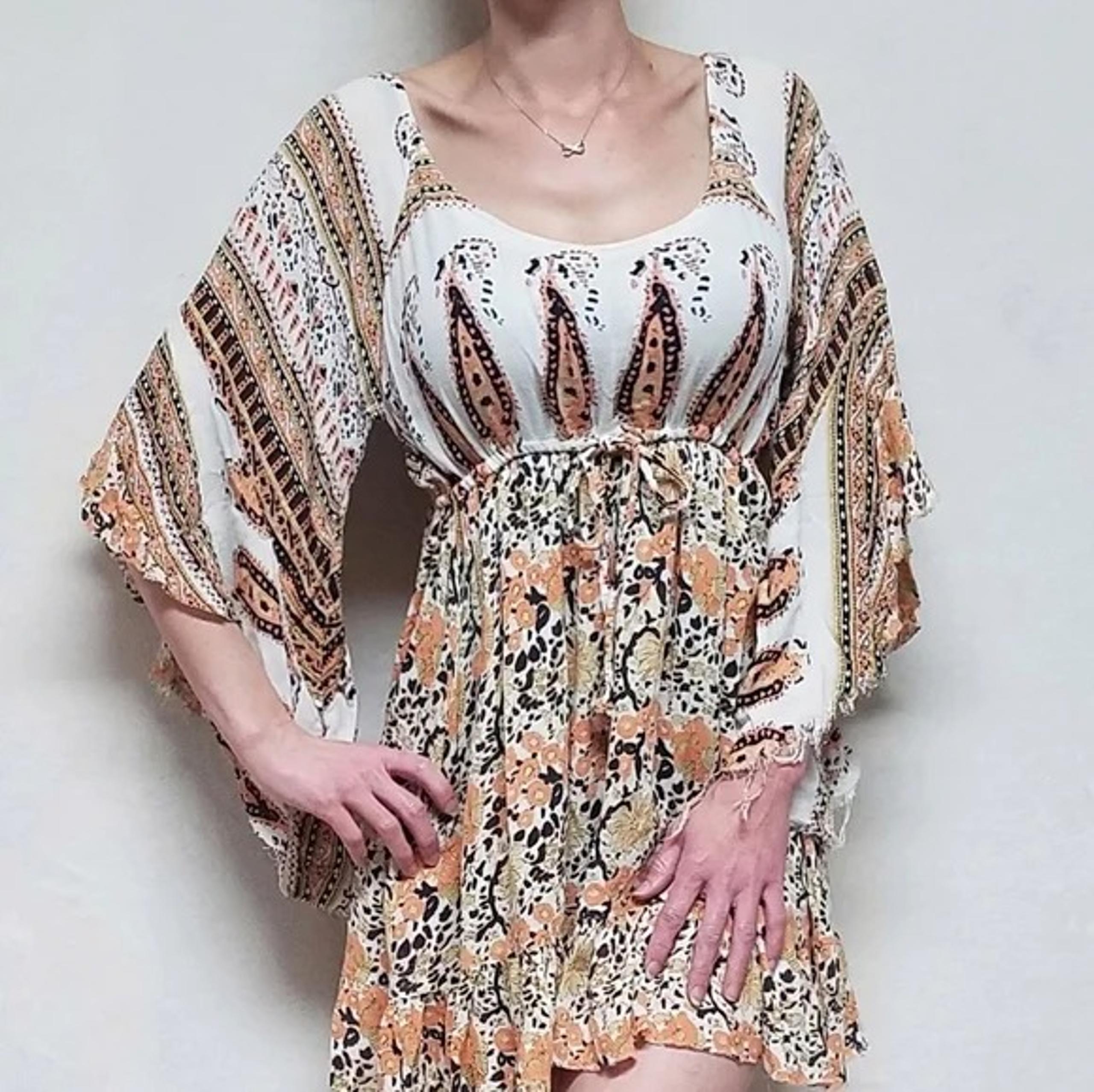 Vintage 70s Peach Paisley Raw Cut Strappy Dress