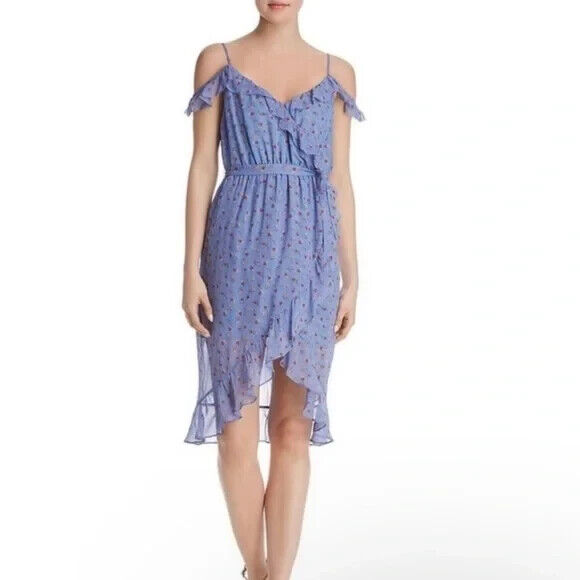 Joie Cold-Shoulder Dinesha Blue Ruffled Strawberry Print Silk Dress Size XS