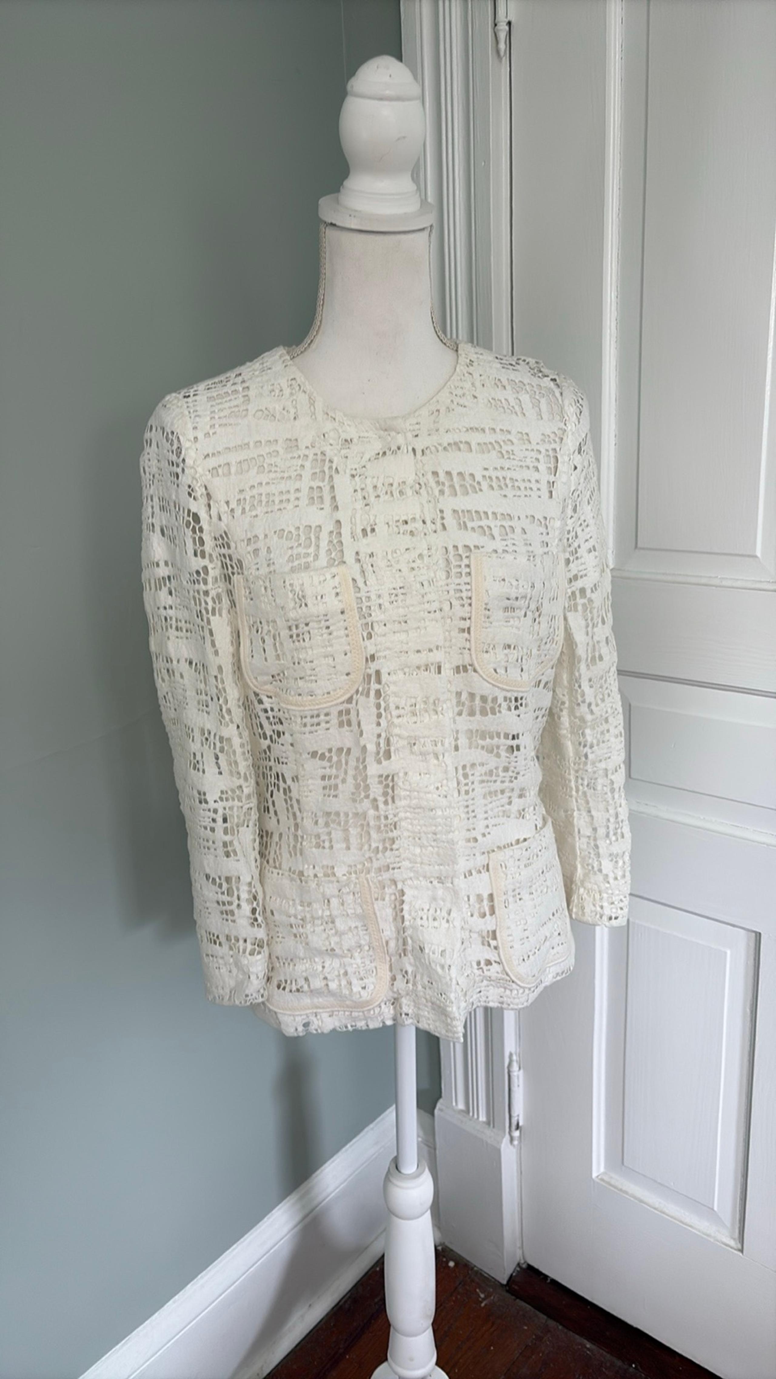 Escada Novelty Weave Cotton Tropical Weight Jacket White Abstract Size 38 8