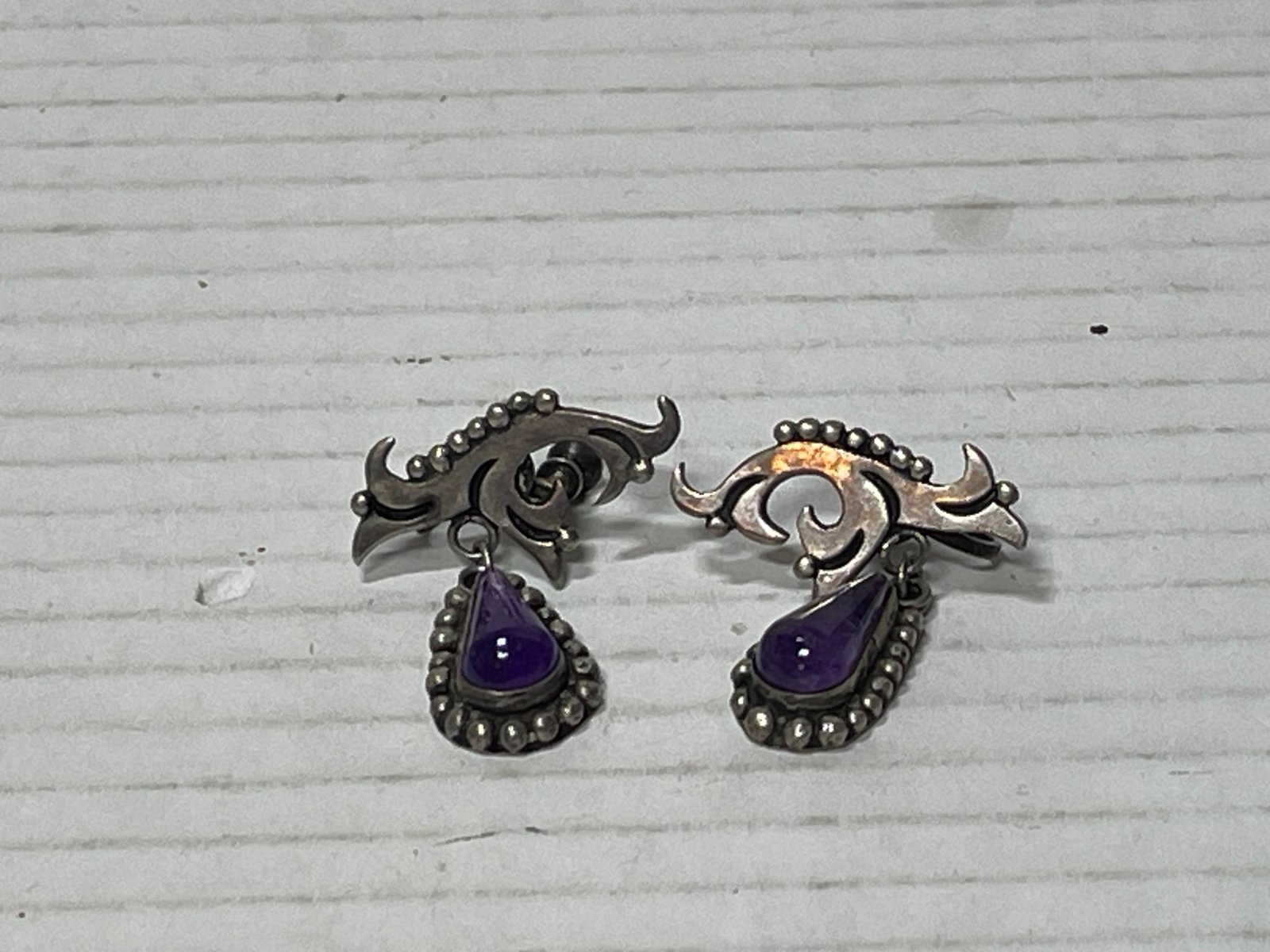 Vintage Sterling Silver 925 Taxco Maricela Earrings Swirl Amethyst Screw Back