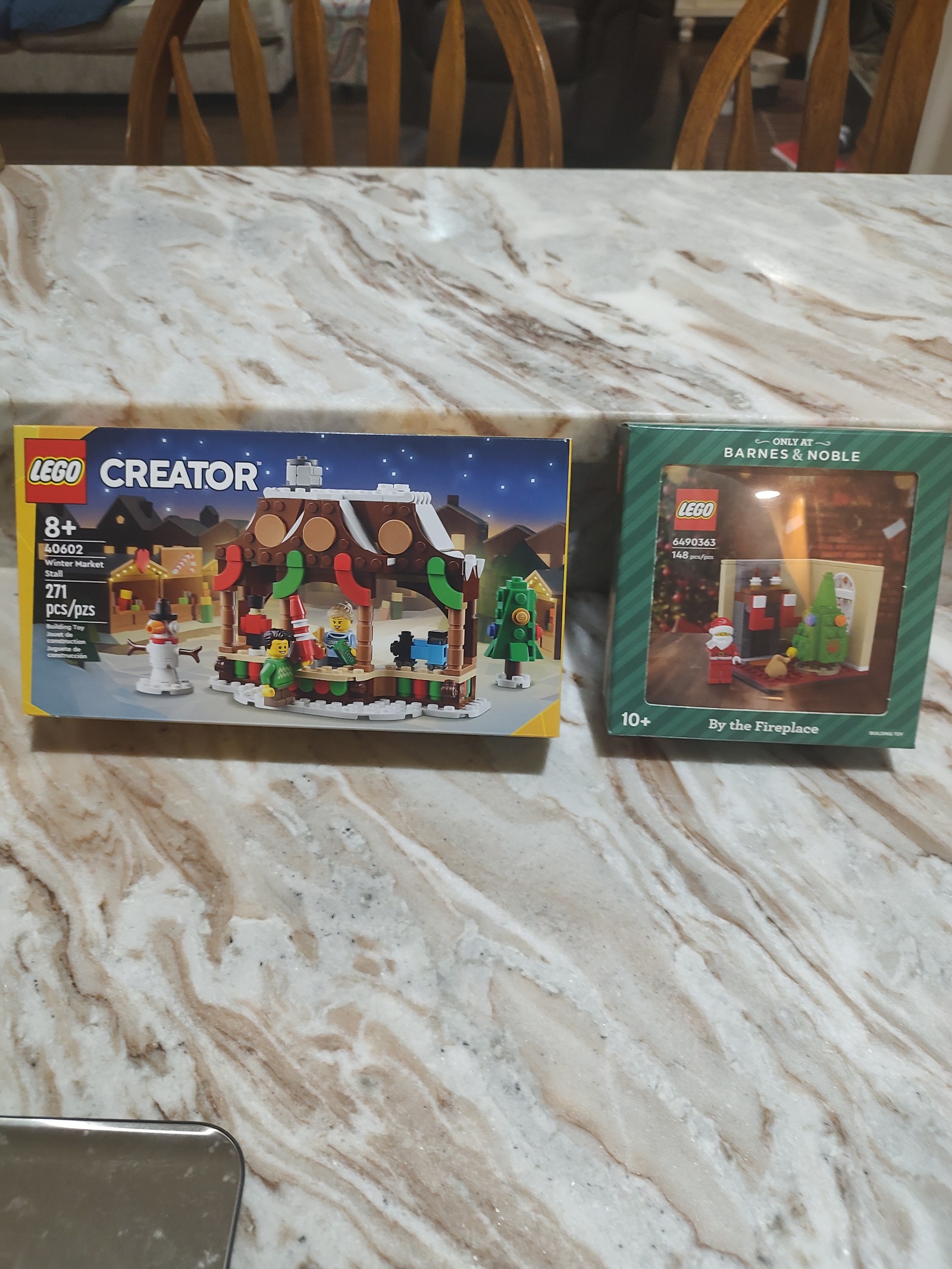 Lego Creator Winter market stall and Barnes & nobles by the fireplace exclusive