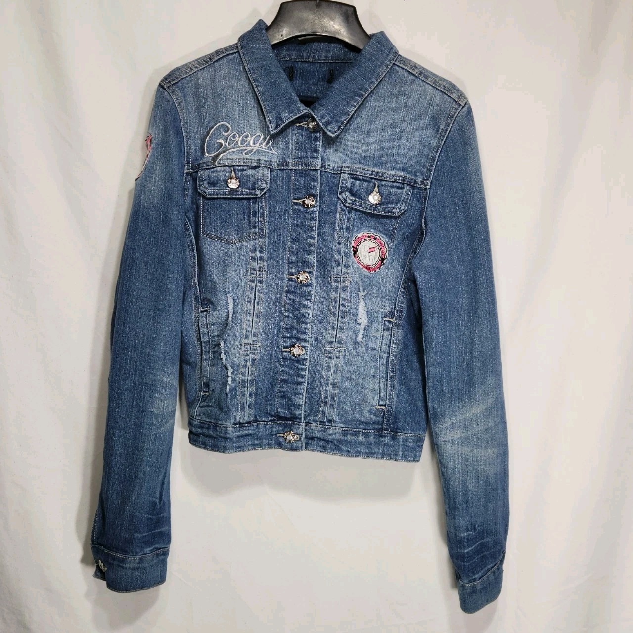 COOGI Womens Jean Jacket Size Large Vintage Embroidered Patch Distressed