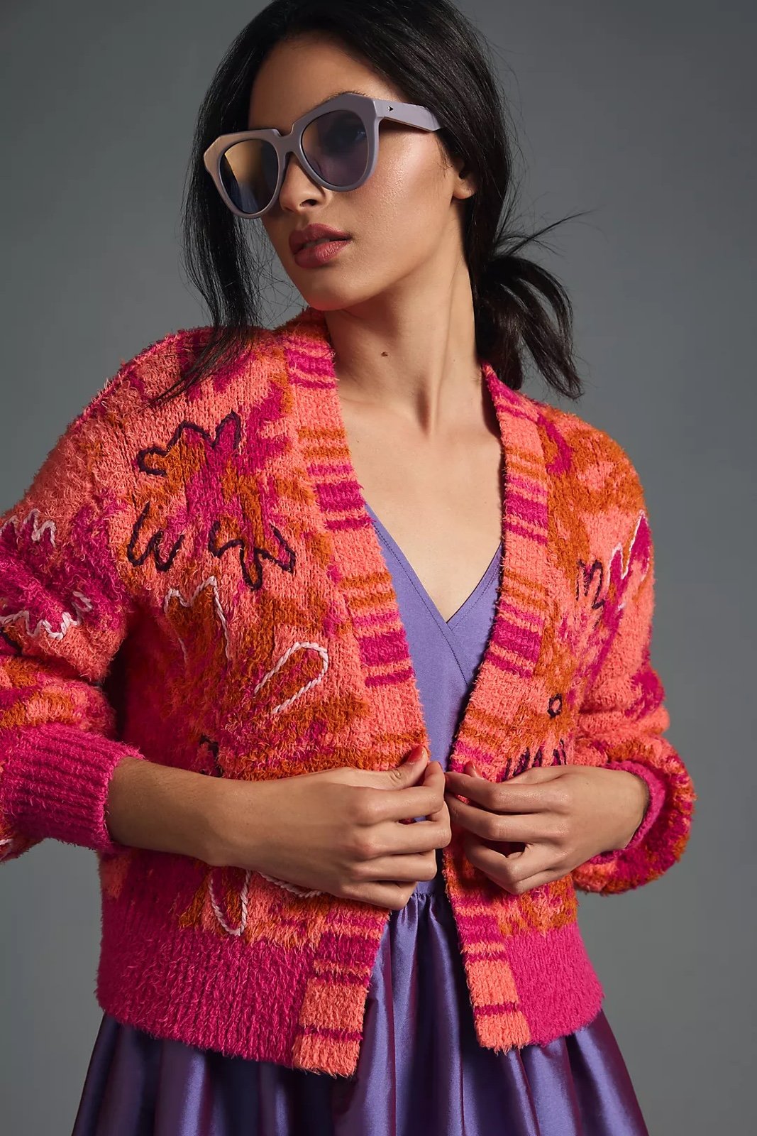 Anthropologie Embroidered Cardigan Sweater Thick Floral Pink Flowers Size XSP  P