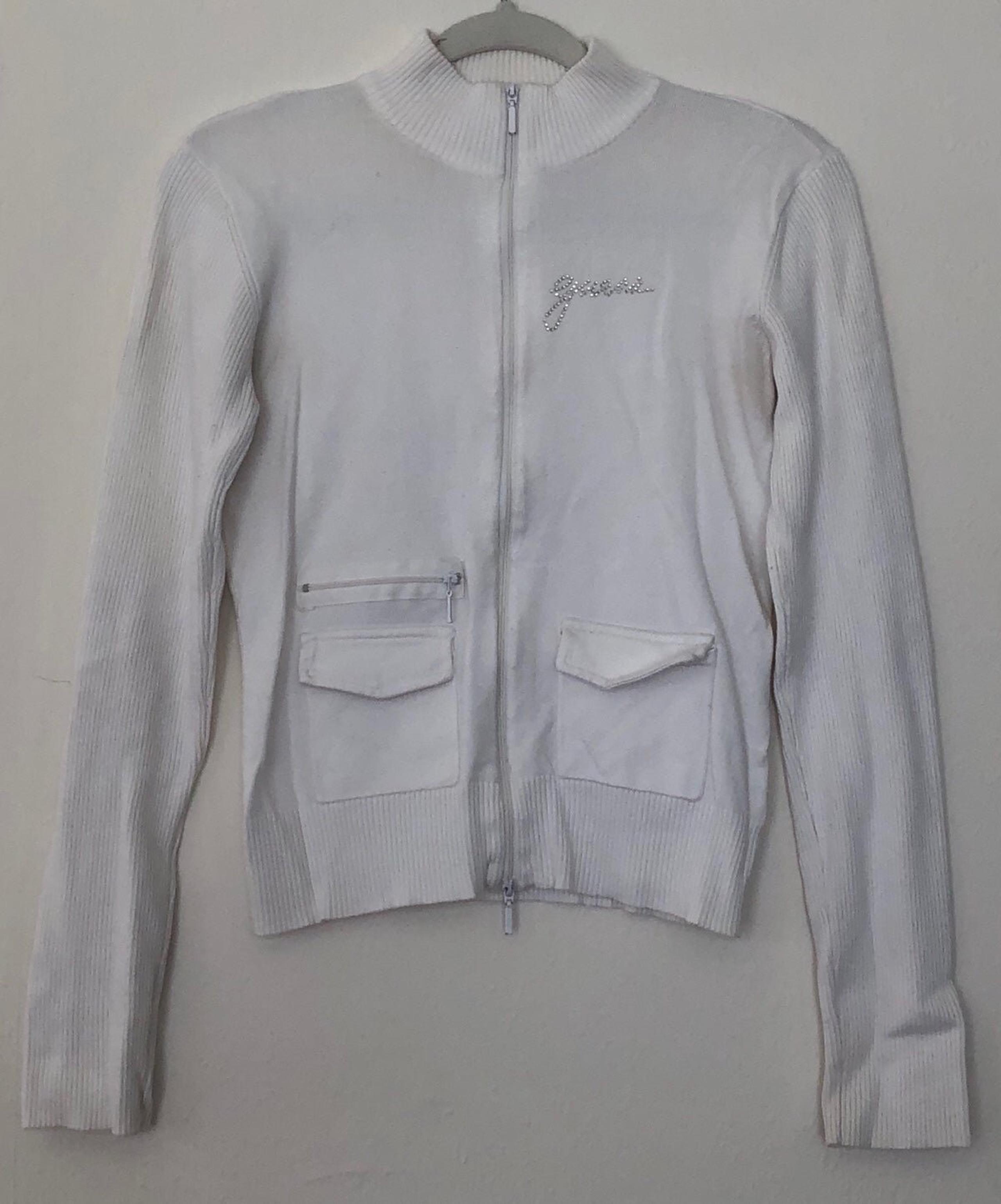 Guess Jeans White Knit Sweater Track Jacket Double Zip Cardigan Size L Large