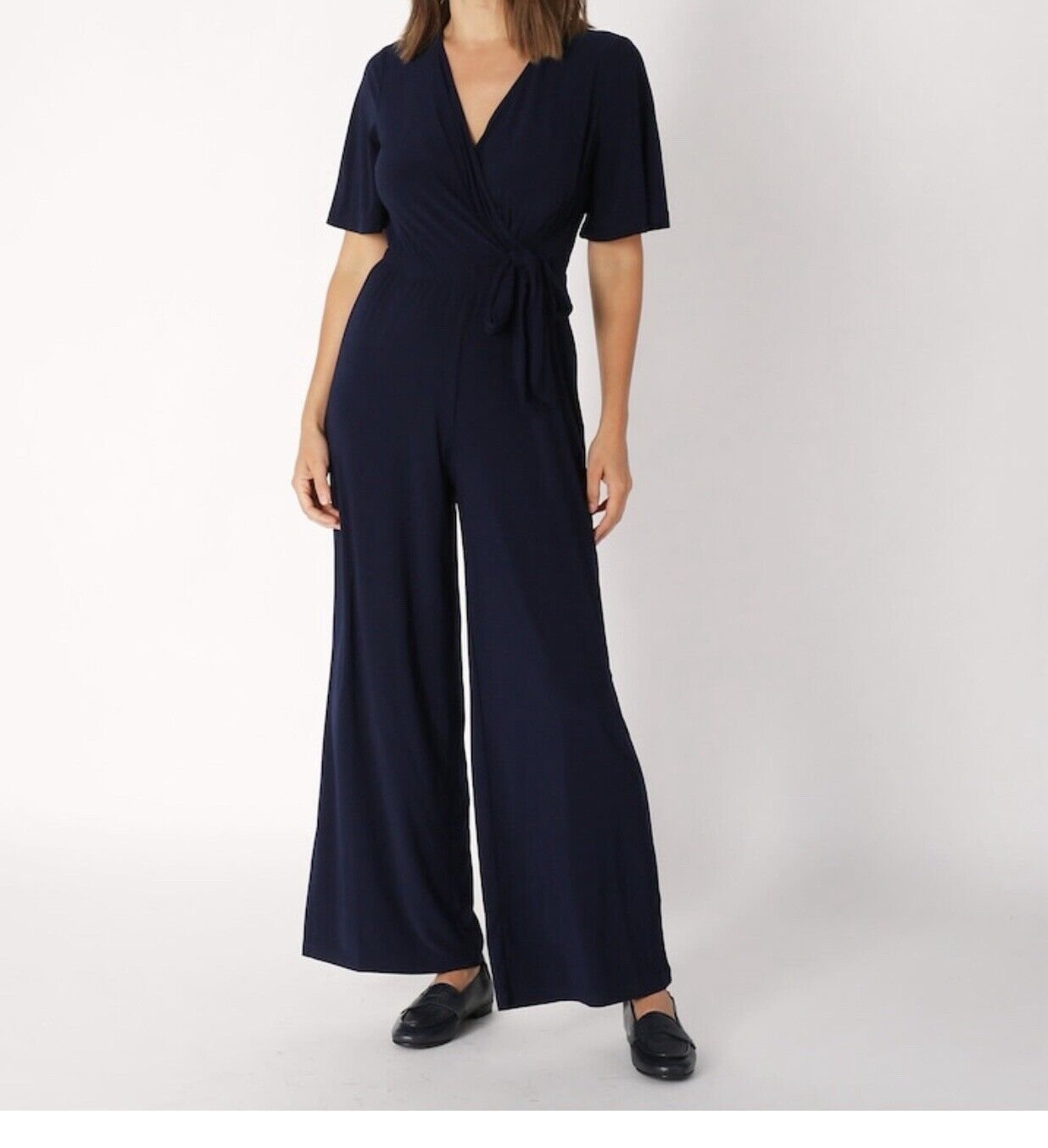 Nina Leonard Flutter Sleeve Surplus Jumpsuit Navy Size 1X