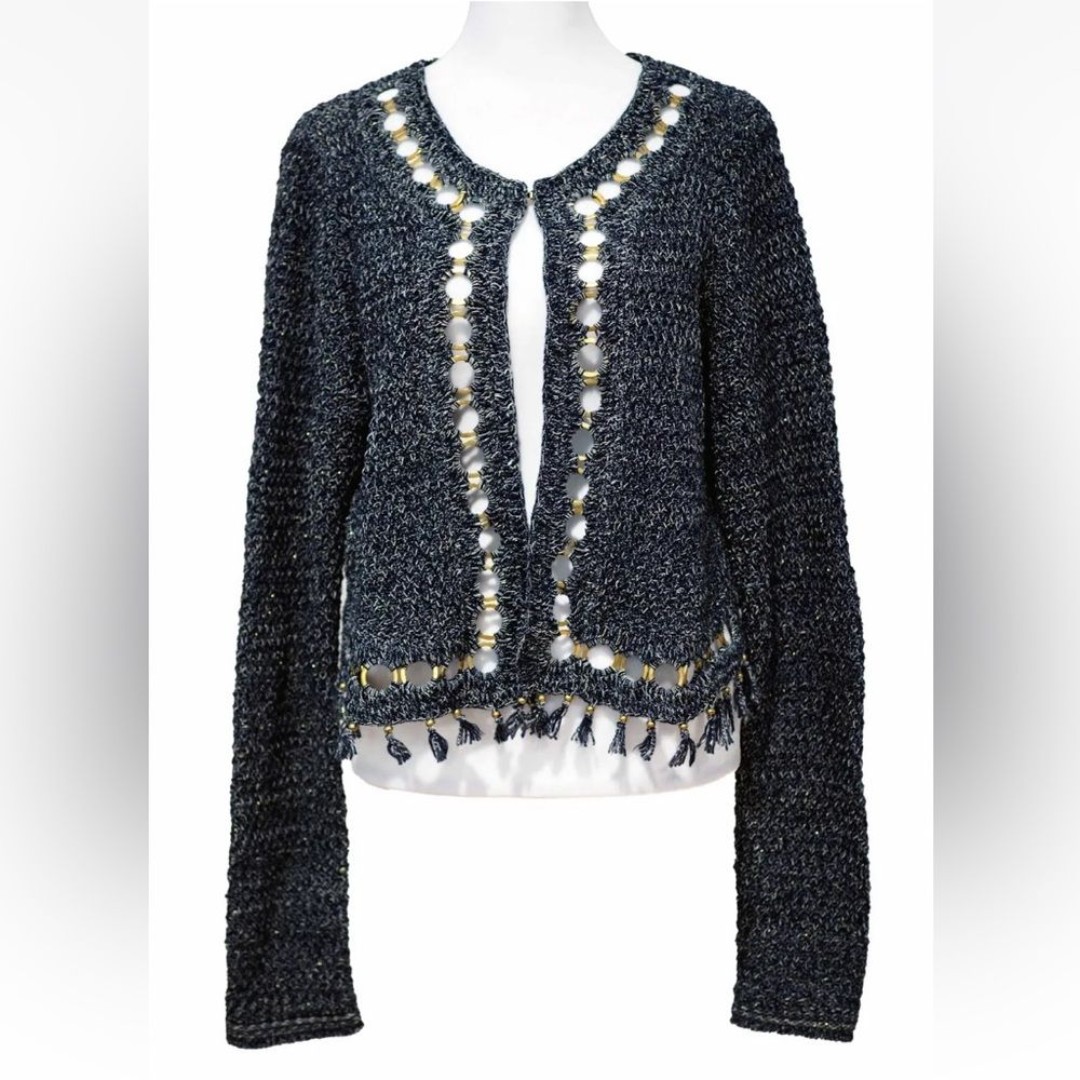 ELIE TAHARI Navy Blue Cardigan Gold Brass Rings Fringe Tassel Jacket. Medium