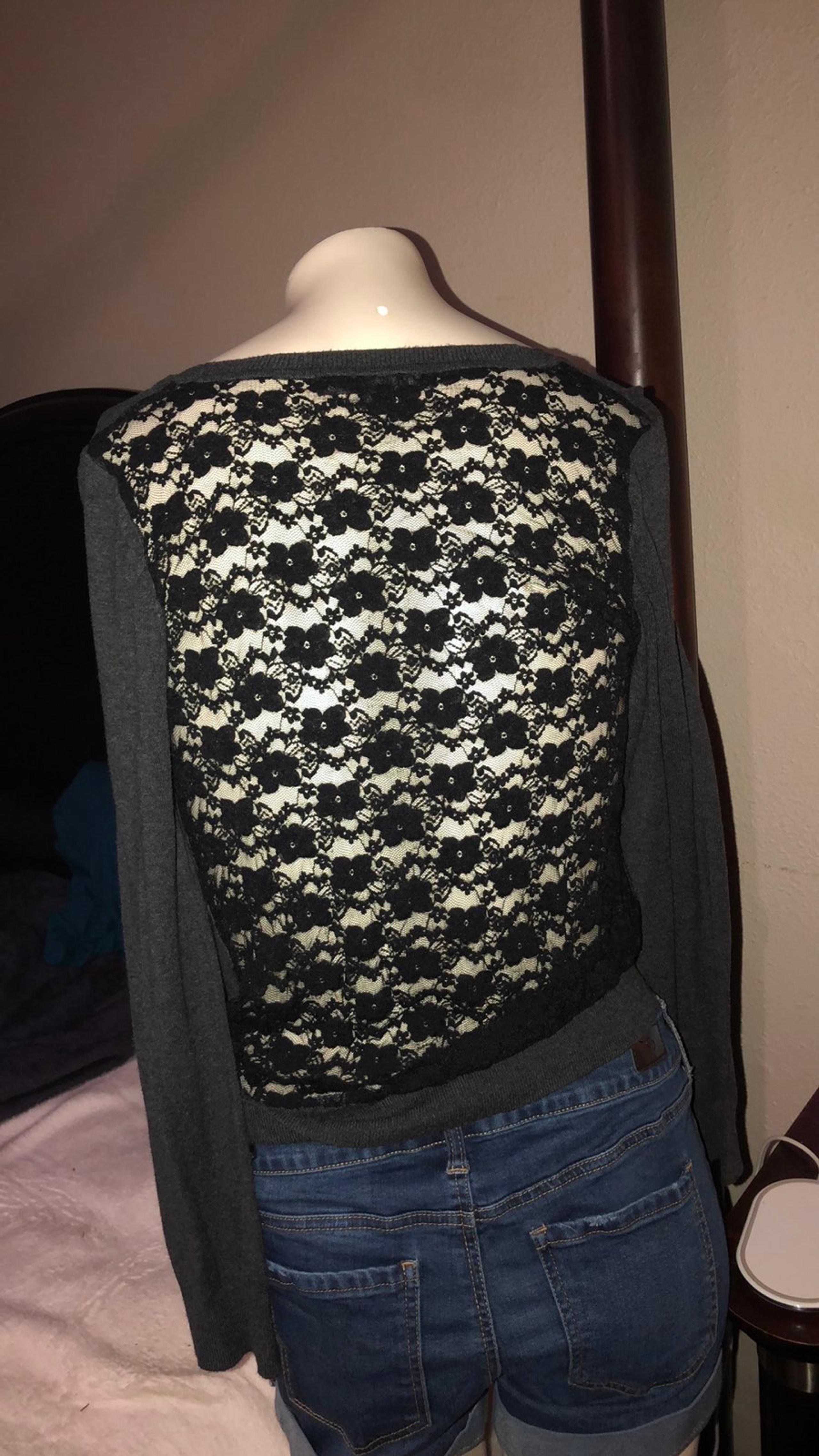 Gray long sleeve sweater black lace back